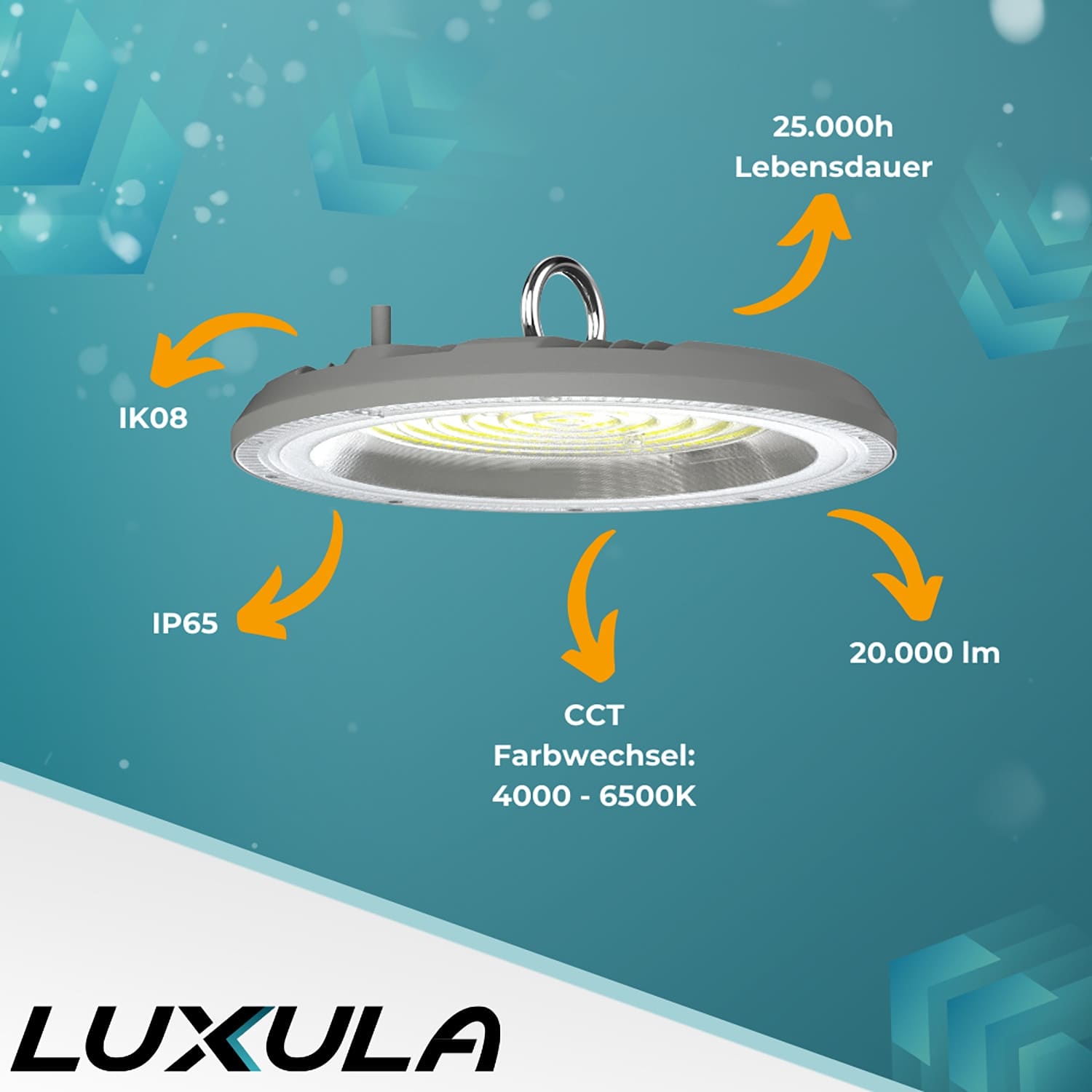 LUXULA LED-Hallenleuchte LX500137, HighBay, UFO, 200W, 20000lm, CCT, IP65