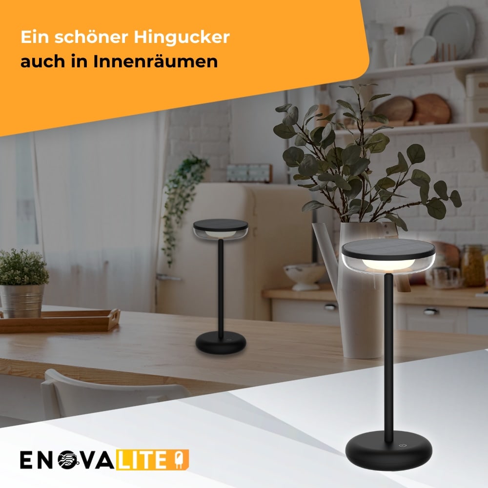 ENOVALITE LED-Akku-Tischleuchte, Solar- u. Netzbetrieb, dimmbar, 2700K