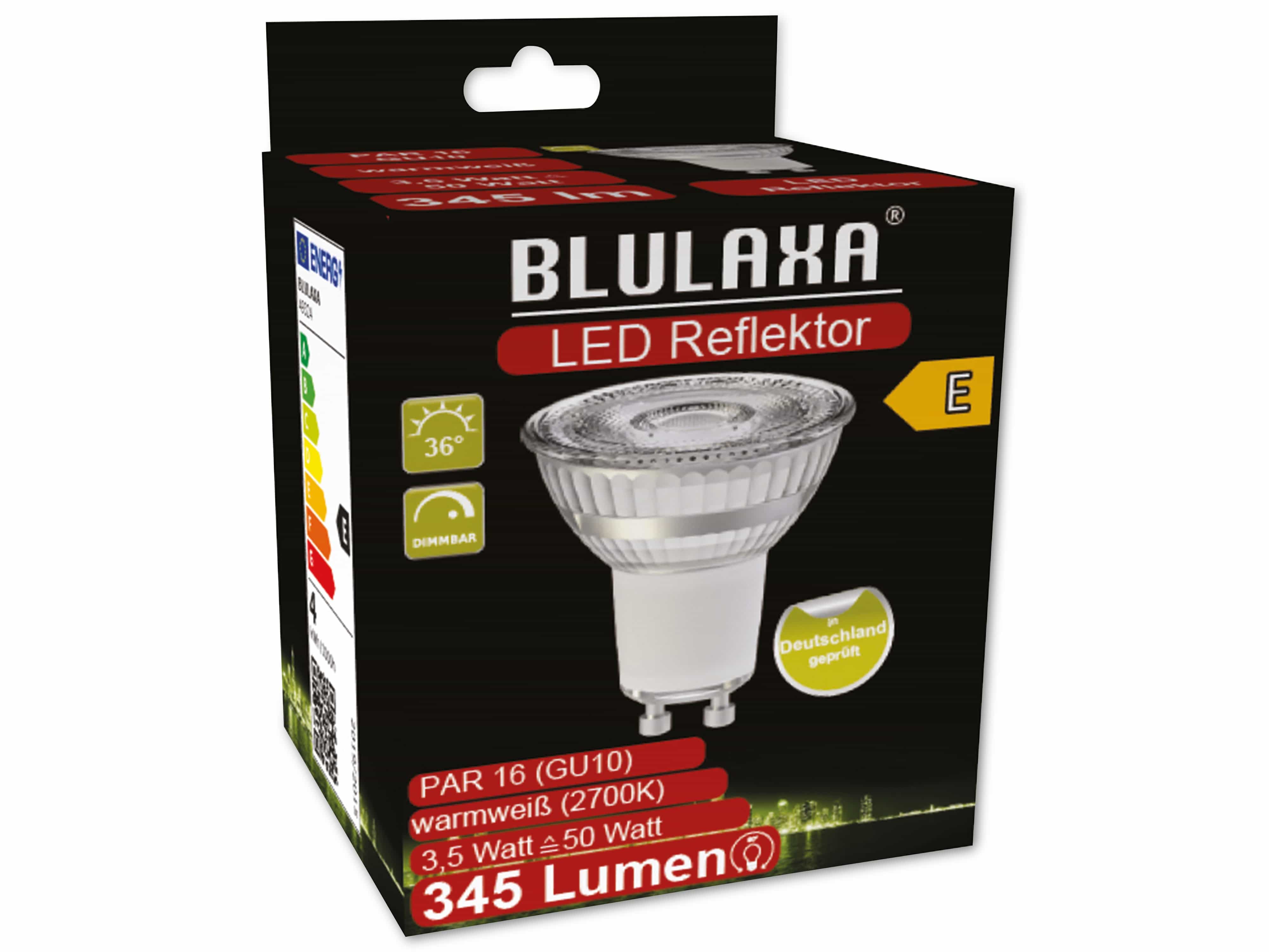 BLULAXA LED-SMD-Lampe, PAR16, GU10, EEK: E, 3,5W, 345lm, 2700K, dim