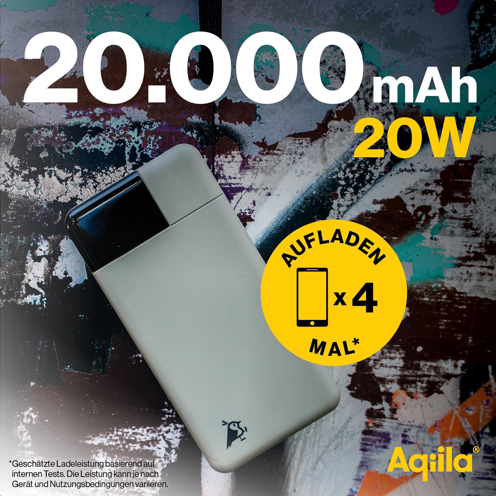 AQIILA Powerbank Powerbird B20, 20 W, 20.000mAh, 1x USB-A, 2x USB-C, moosgrün