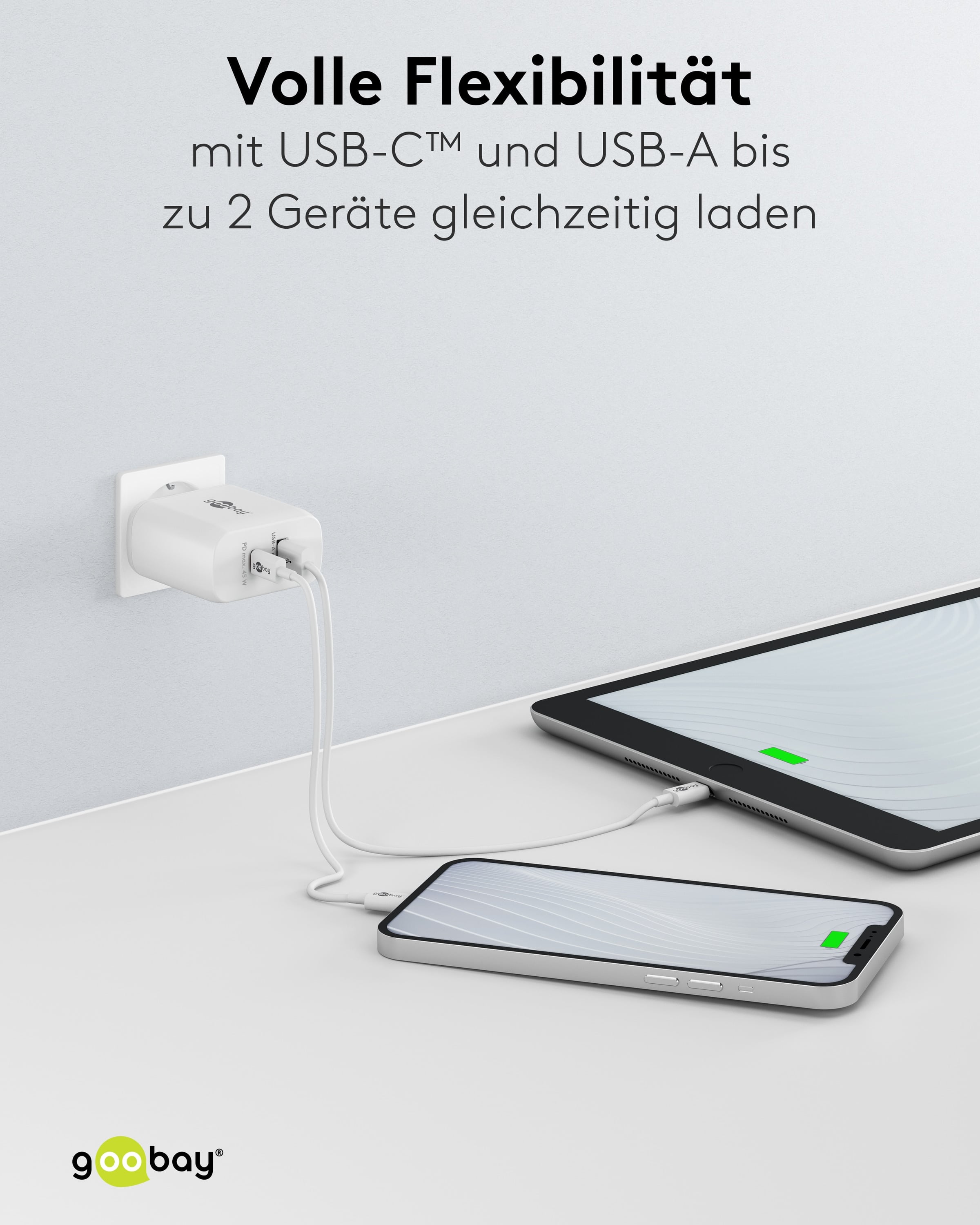 GOOBAY USB-Lader 65412, 45 W, 2-fach, 1xC PD, 1xA GaN, weiß