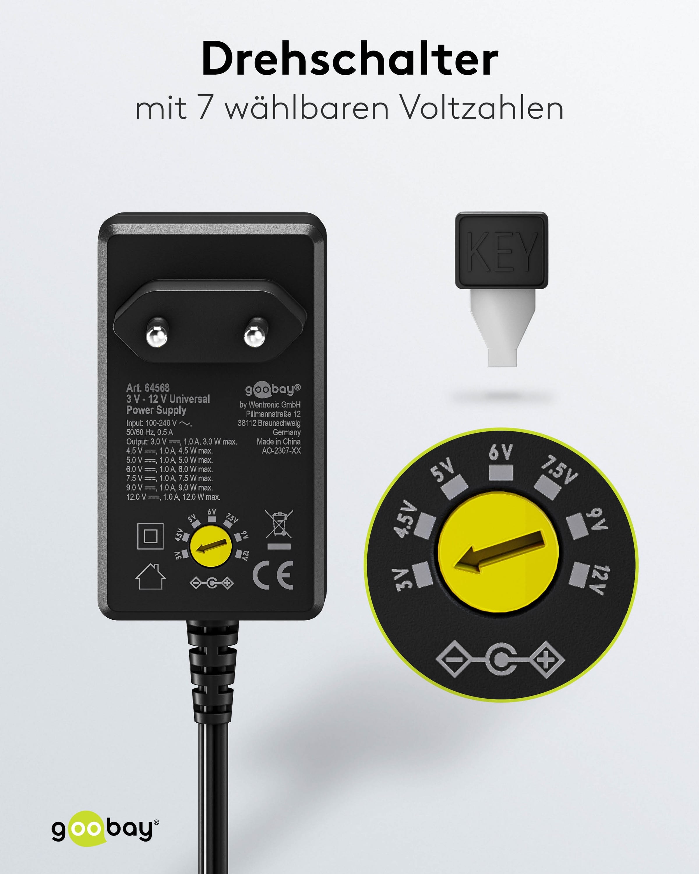 GOOBAY Universal-Netzteil 64568, 3...12 V-/12 W, 11-Adapter, inkl. USB-Adapter