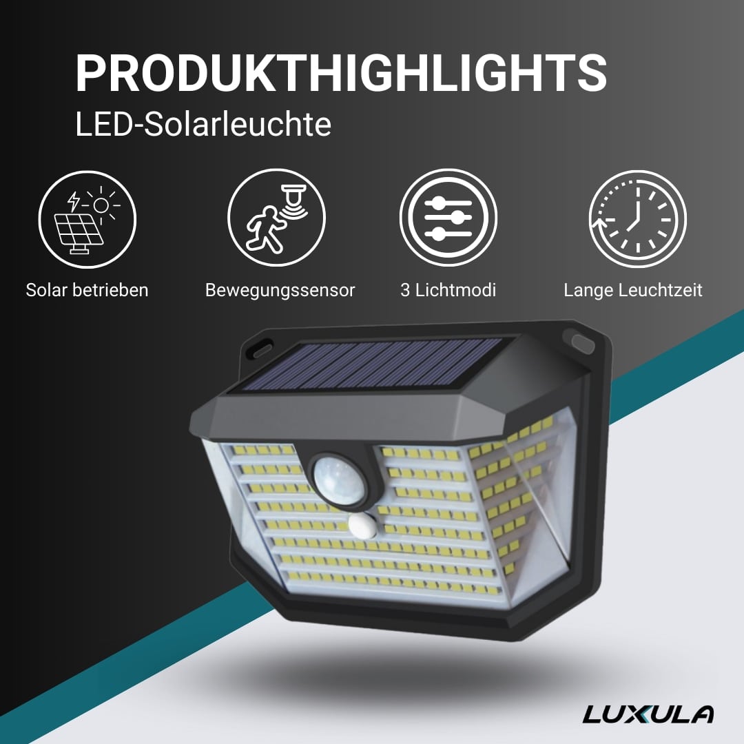 LUXULA Solar LED-Wandleuchte, PIR-Lichtsensor, 3-Lichtmodi, kaltweiß