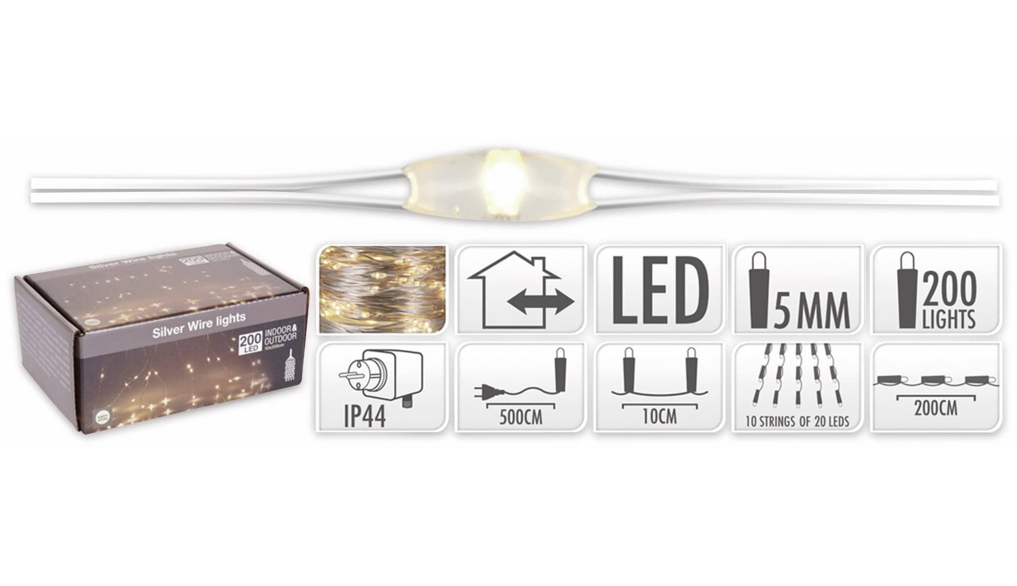 LED-Lichterkette, warmweiß, 200 LEDs, halbtransparent, 230V~, Innen/Außen
