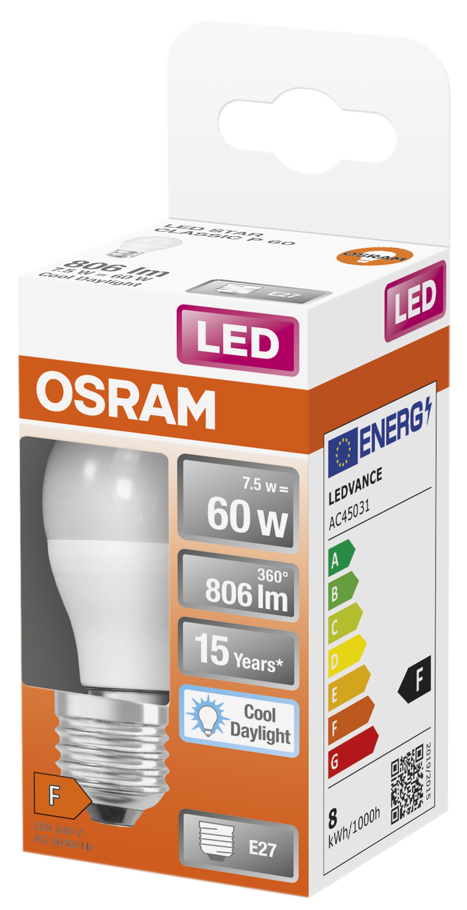 OSRAM LED-Lampe Star Classic, P60, E27, EEK: F, 7,5 W, 806 lm, 6500 K