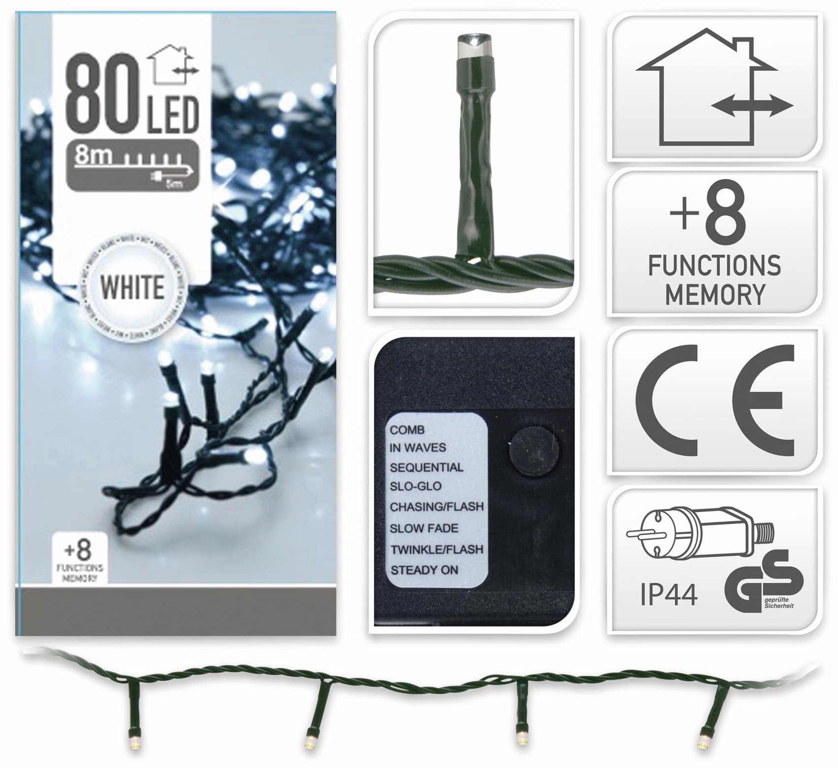 LED-Lichterkette, 80 LEDs, kaltweiß, 230V~, IP44, 8 Funktionen, Memory