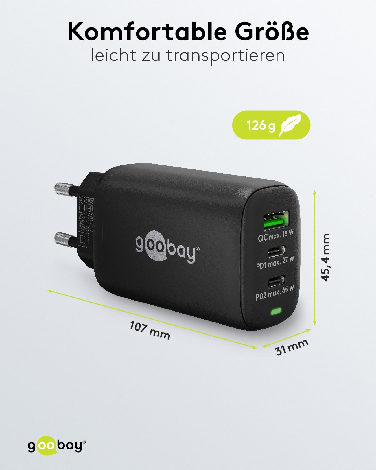 GOOBAY USB-Lader 65407, 65 W, 3-fach, 2xC PD, 1xA QC GaN, schwarz