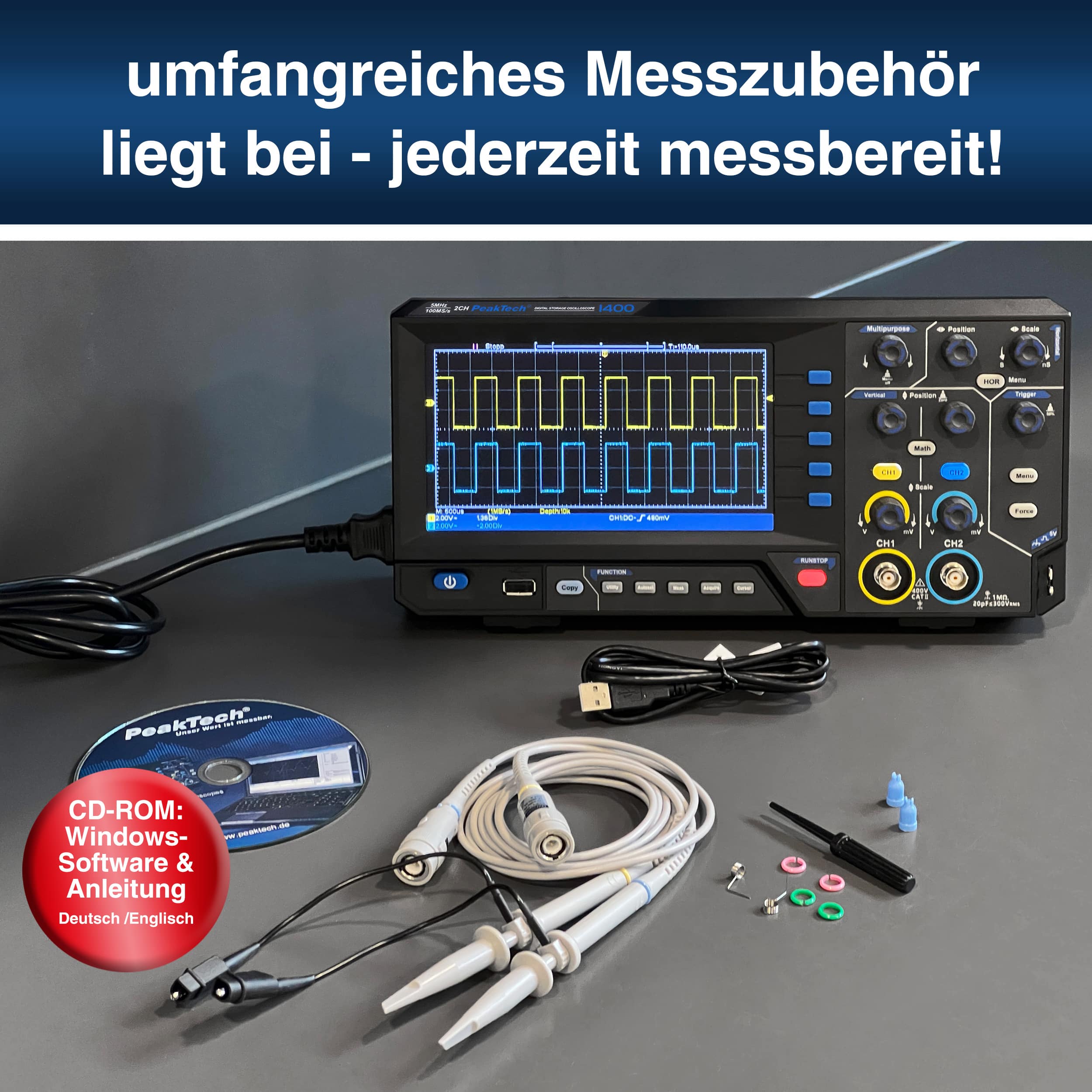 PEAKTECH Digital Speicher Oszilloskop, P 1401, 2 Kanäle, 10 MHz