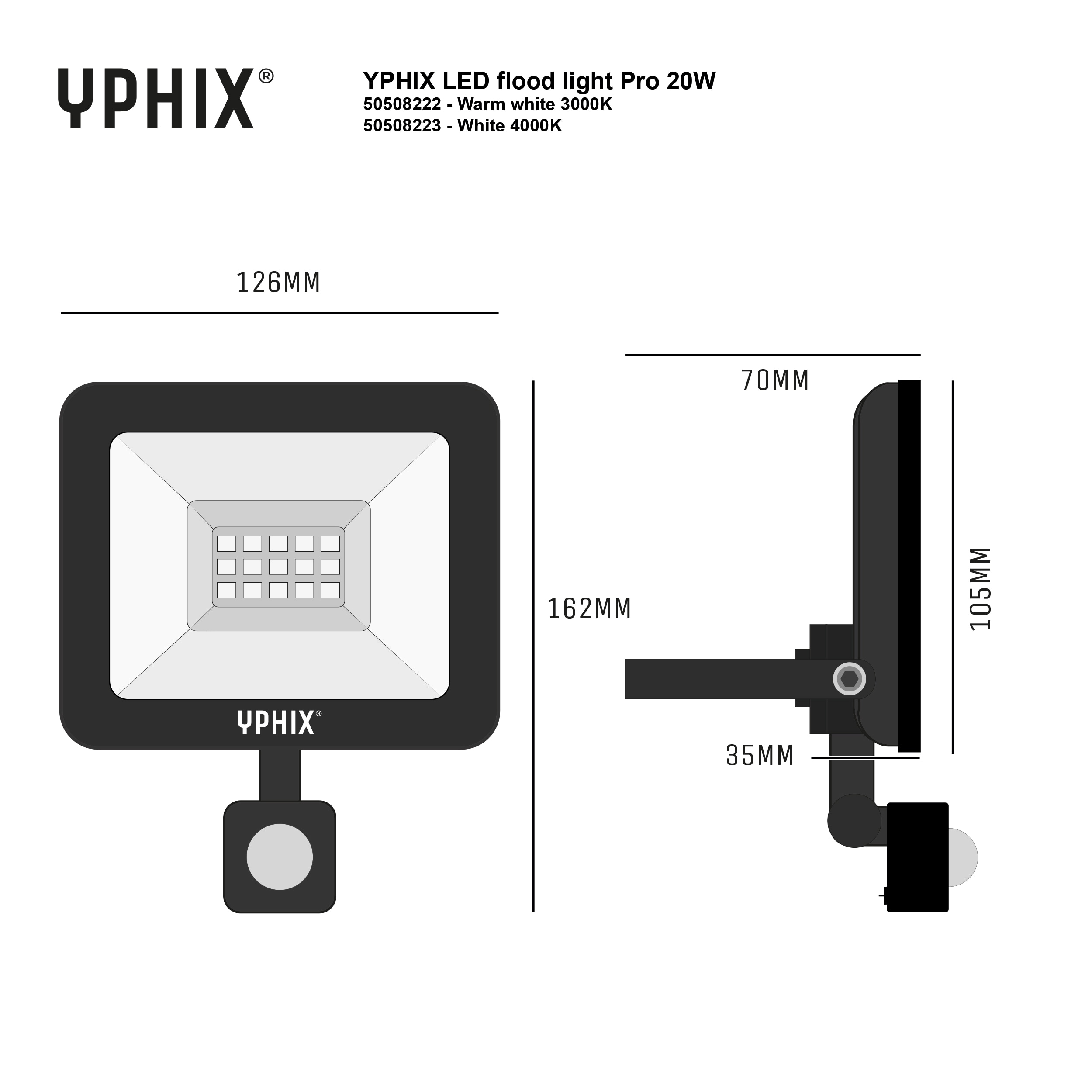 YPHIX LED-Baustrahler LED Floodlight John Sensor, 73612, 20 W, 3000 K