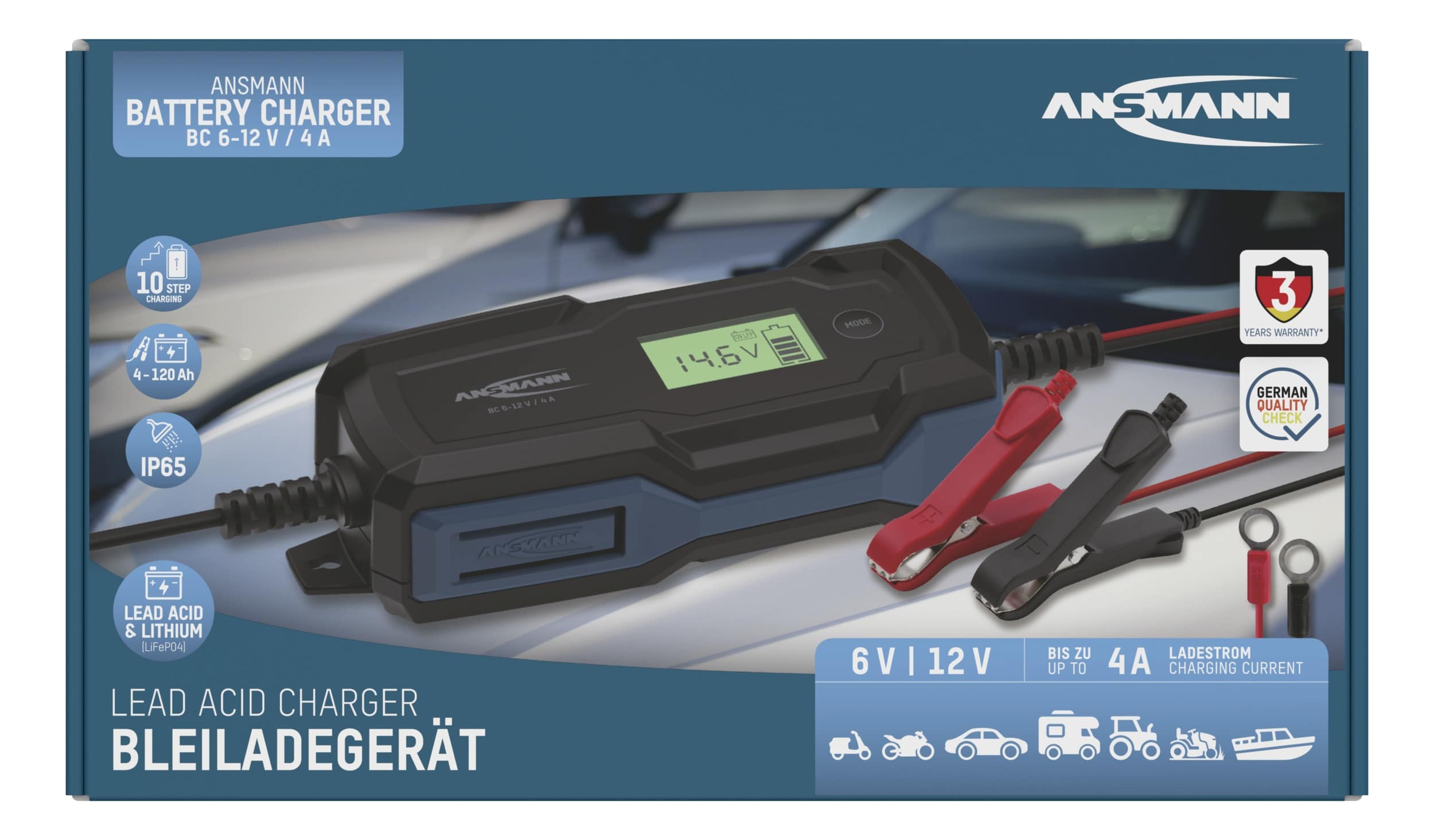 ANSMANN Autobatterie-Ladegerät, 1001-0144, Bleiladegerät, BC 6...12 V-, 4 A