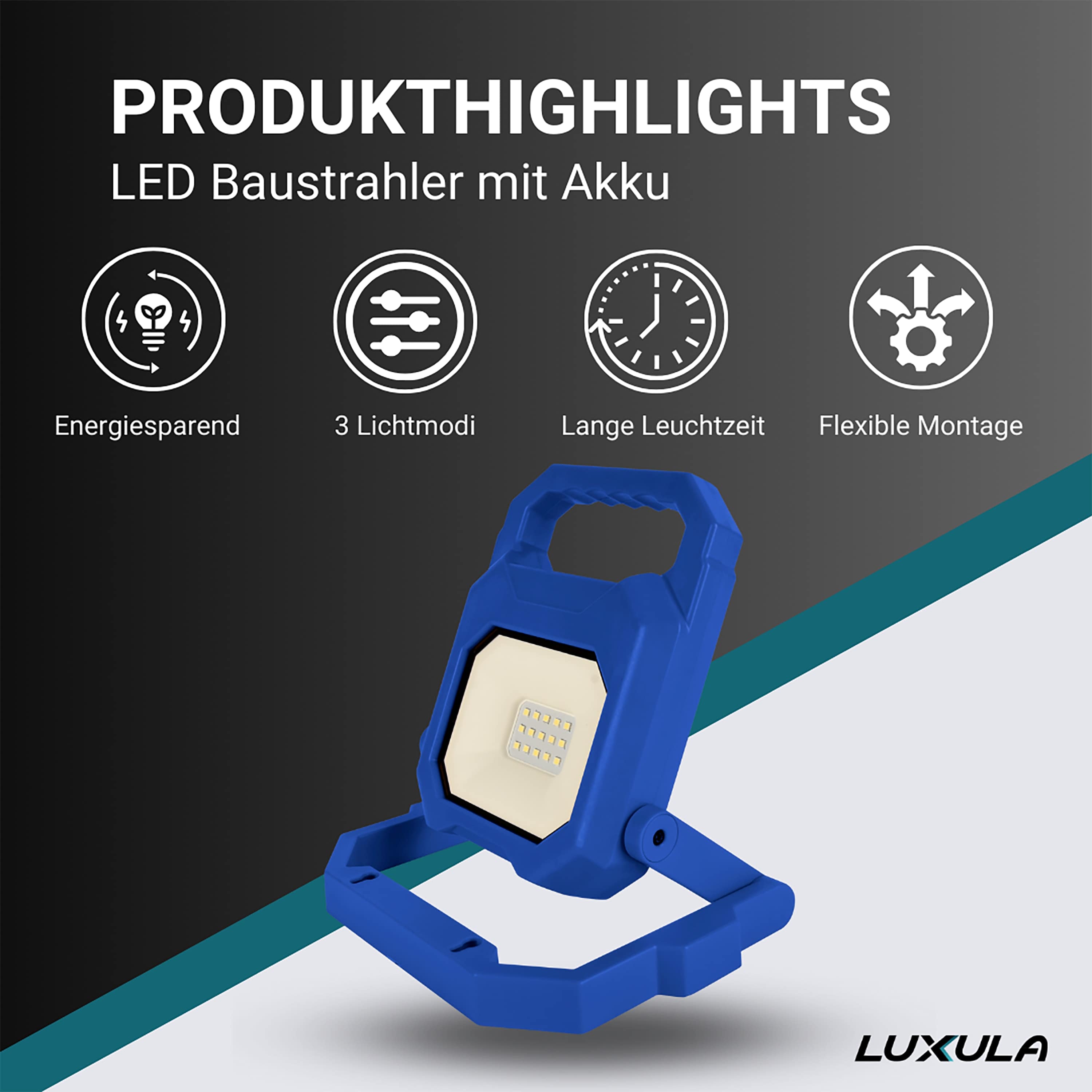 LUXULA Akku-Baustrahler 6W, 800lm, 4000K, faltbar, IP54