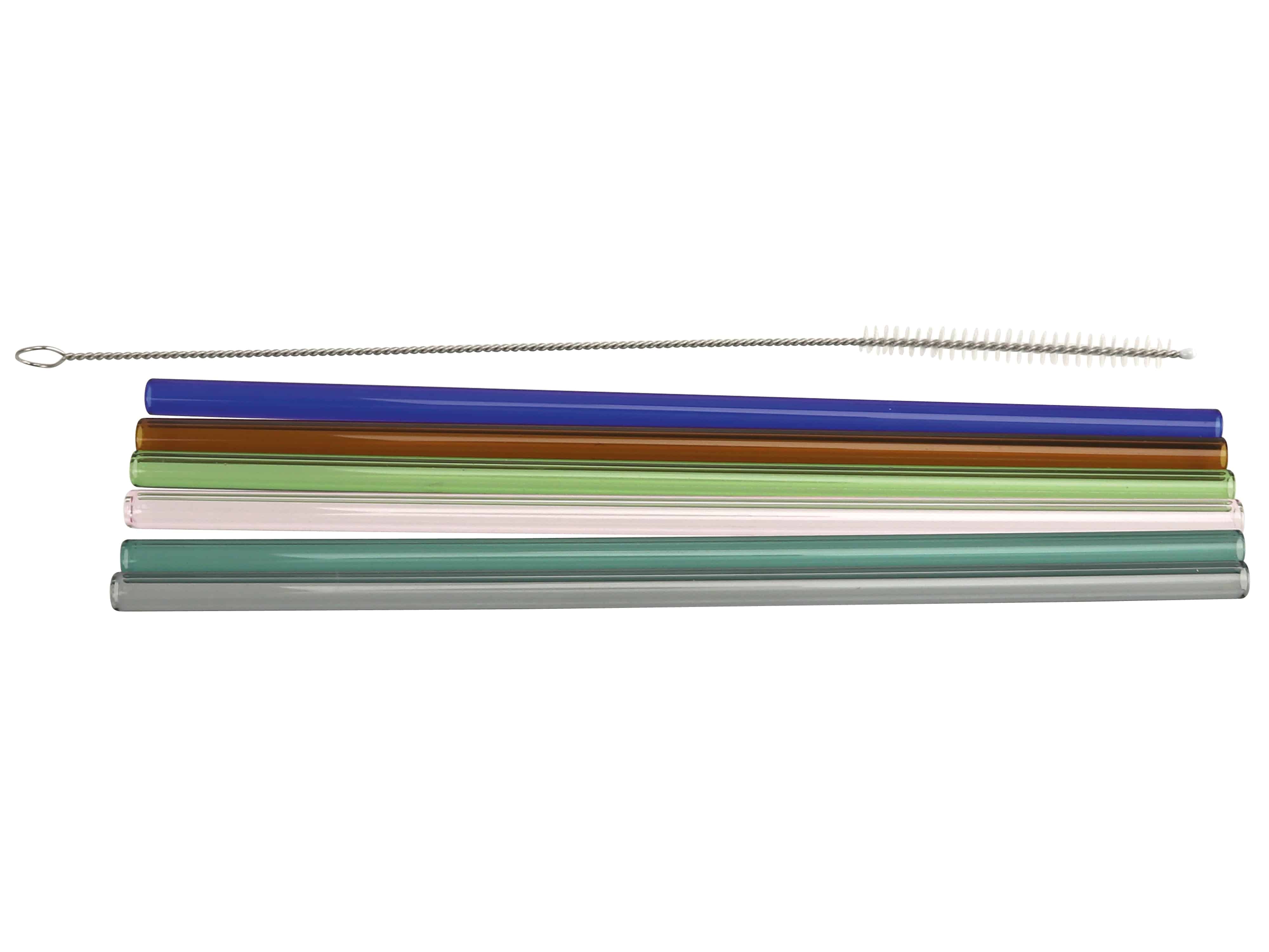 Trinkhalme Glas, farbig, gerade, 230mm, 6-tlg, mit Reinigungsbürste, B-Ware