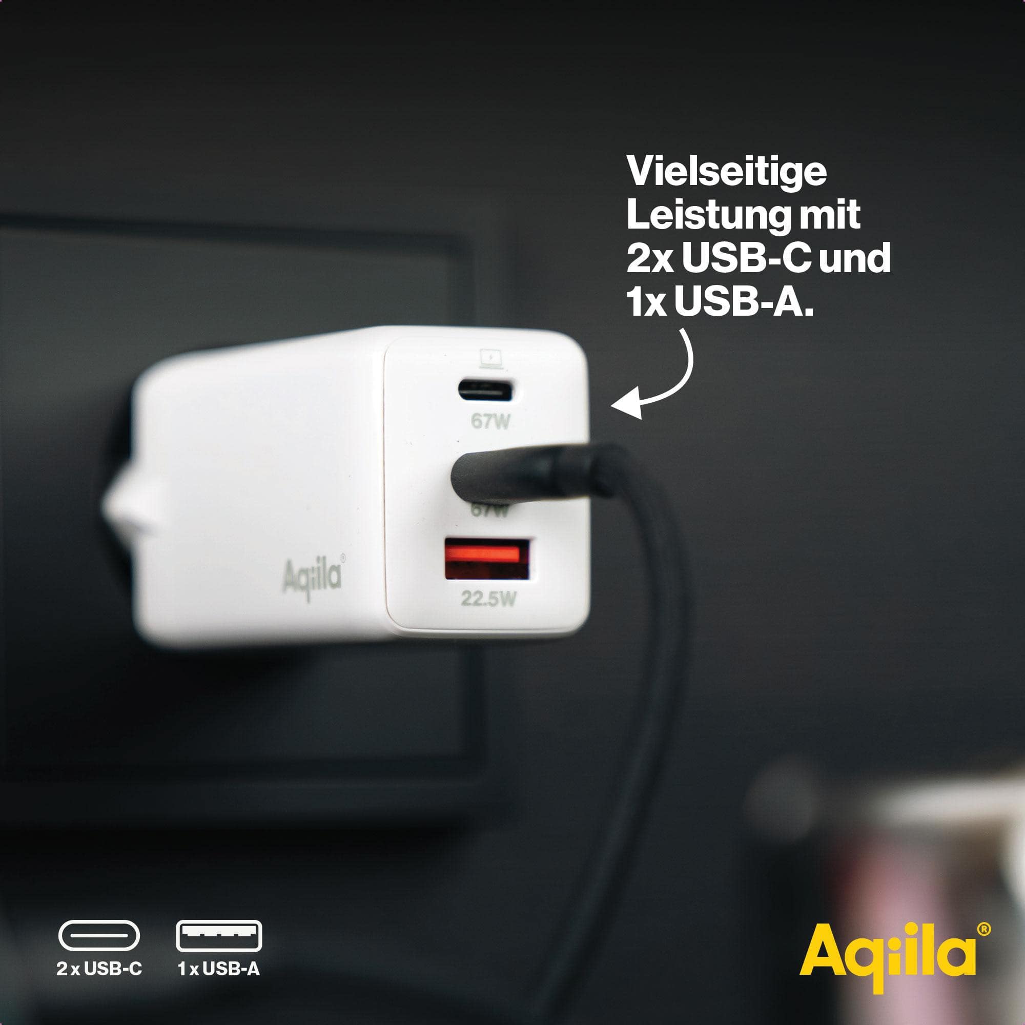 AQIILA USB-Lader Chargebird W3, 65 W, 3-fach, 2x USB-C, 1x USB-A