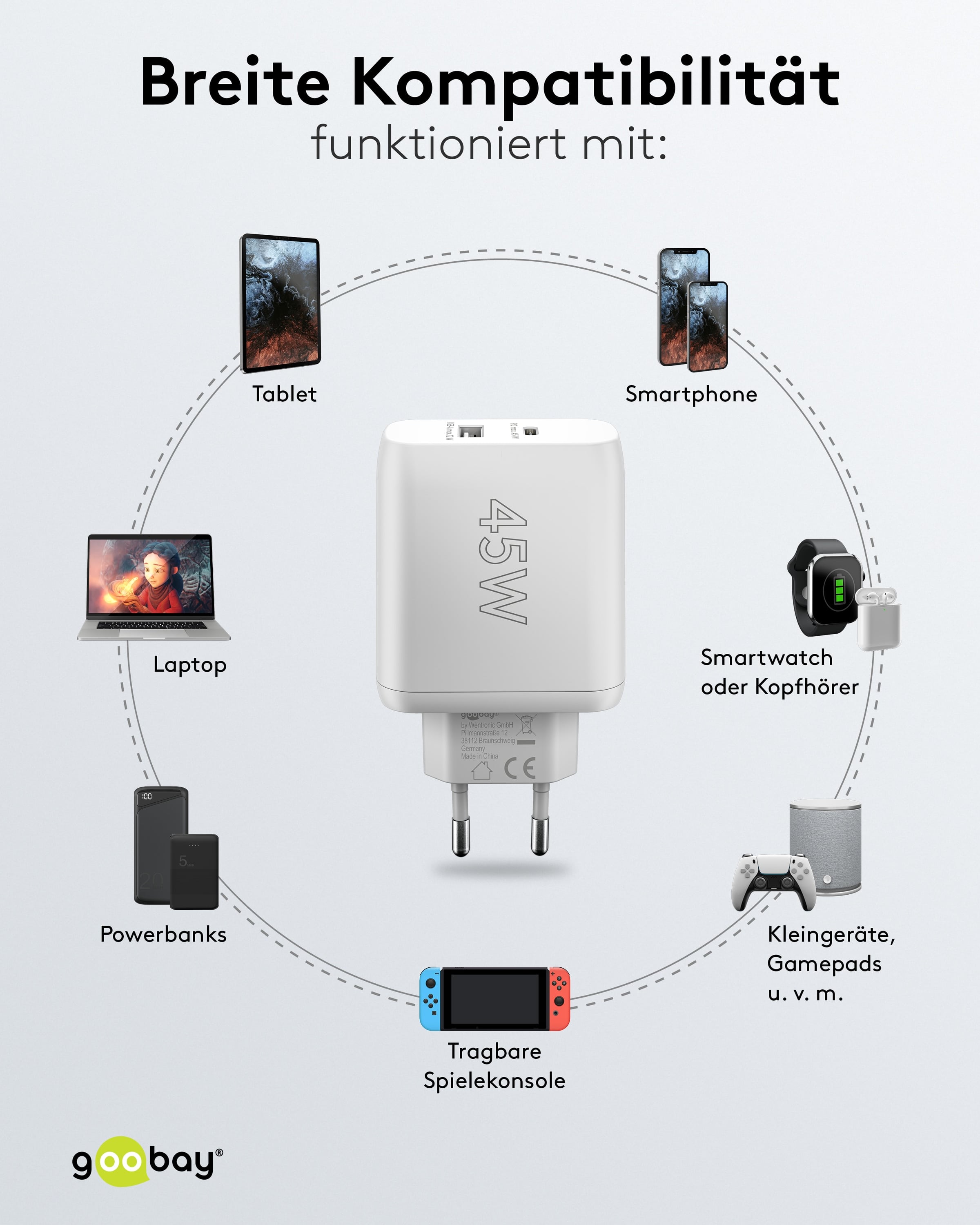 GOOBAY USB-Lader 65412, 45 W, 2-fach, 1xC PD, 1xA GaN, weiß