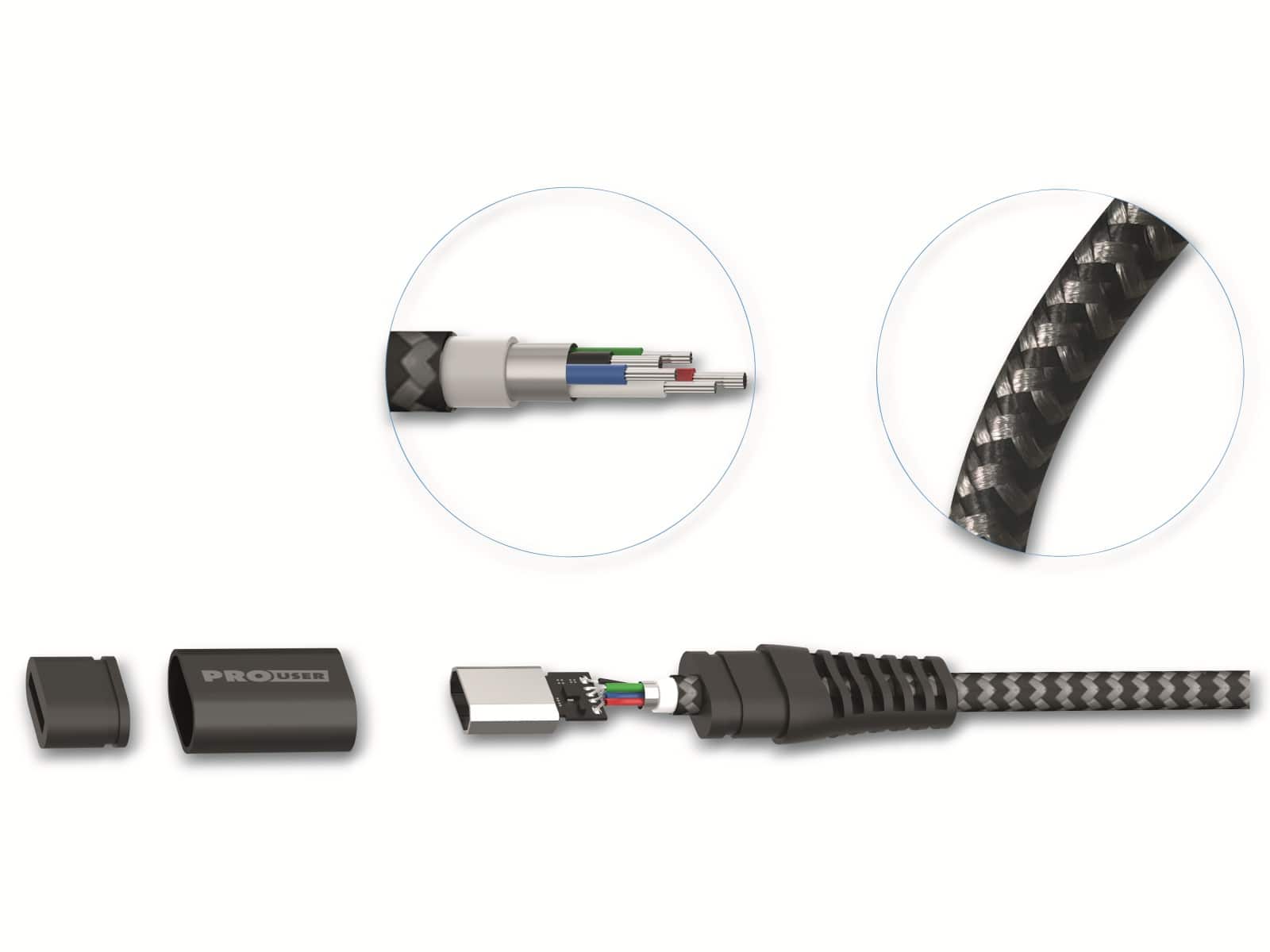 PROUSER USB-C Kabel 3er-Set, 50 cm/100 cm/200 cm, schwarz