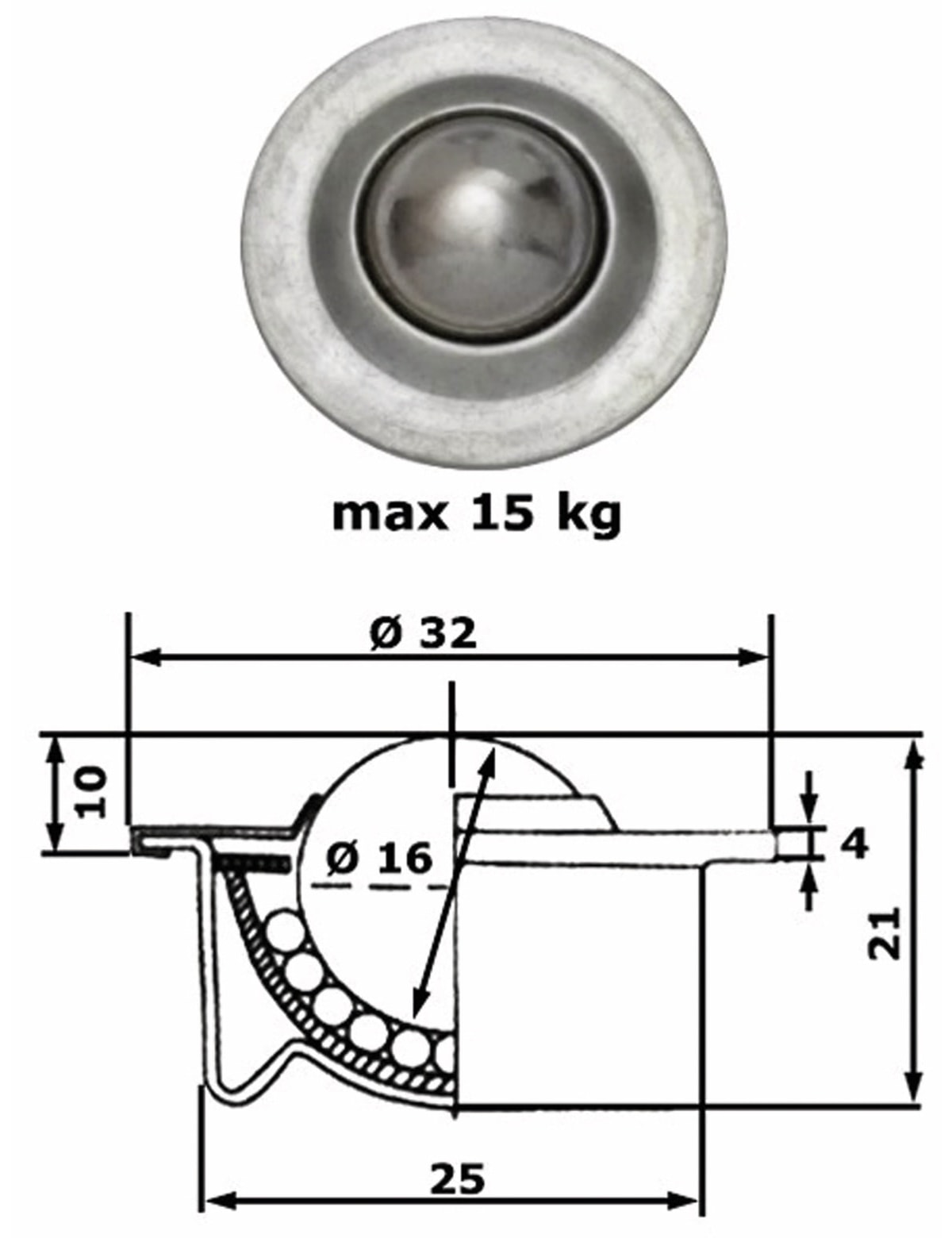 Kugelrolle, 32x21 mm, 15 kg, Stahl
