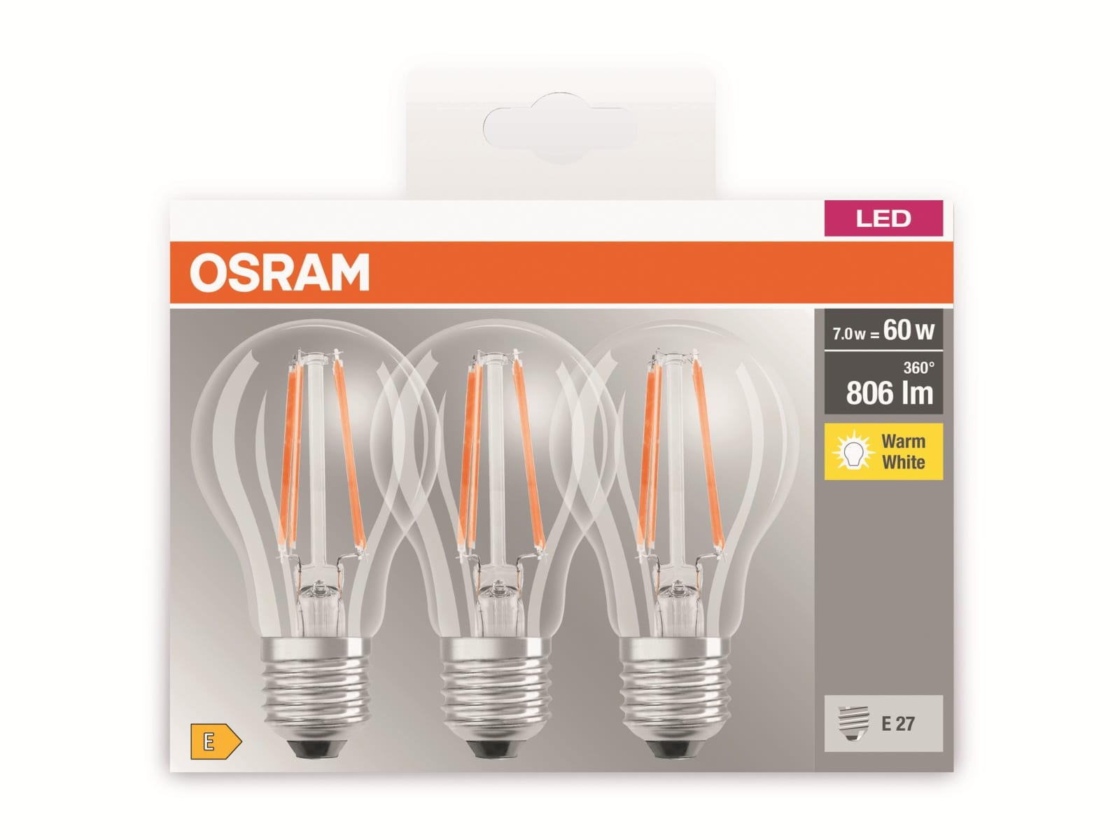 OSRAM LED-Lampe BASE CLASSIC A60, E27, EEK: E, 7 W, 806 lm, 2700 K, 3 Stück