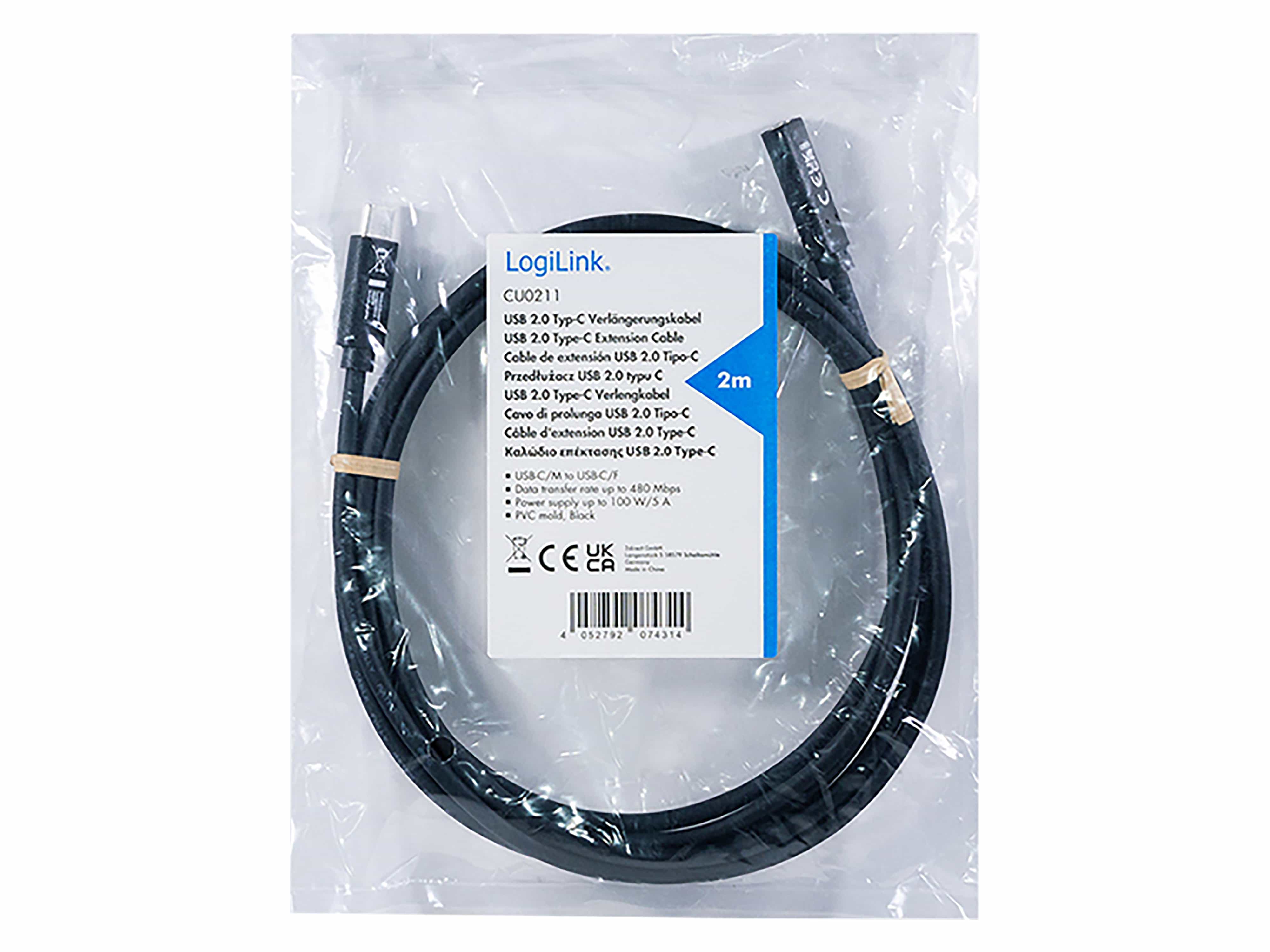 LOGILINK USB2.0 Kabel CU0211 USB-C M/USB-C F PD 2m schwarz