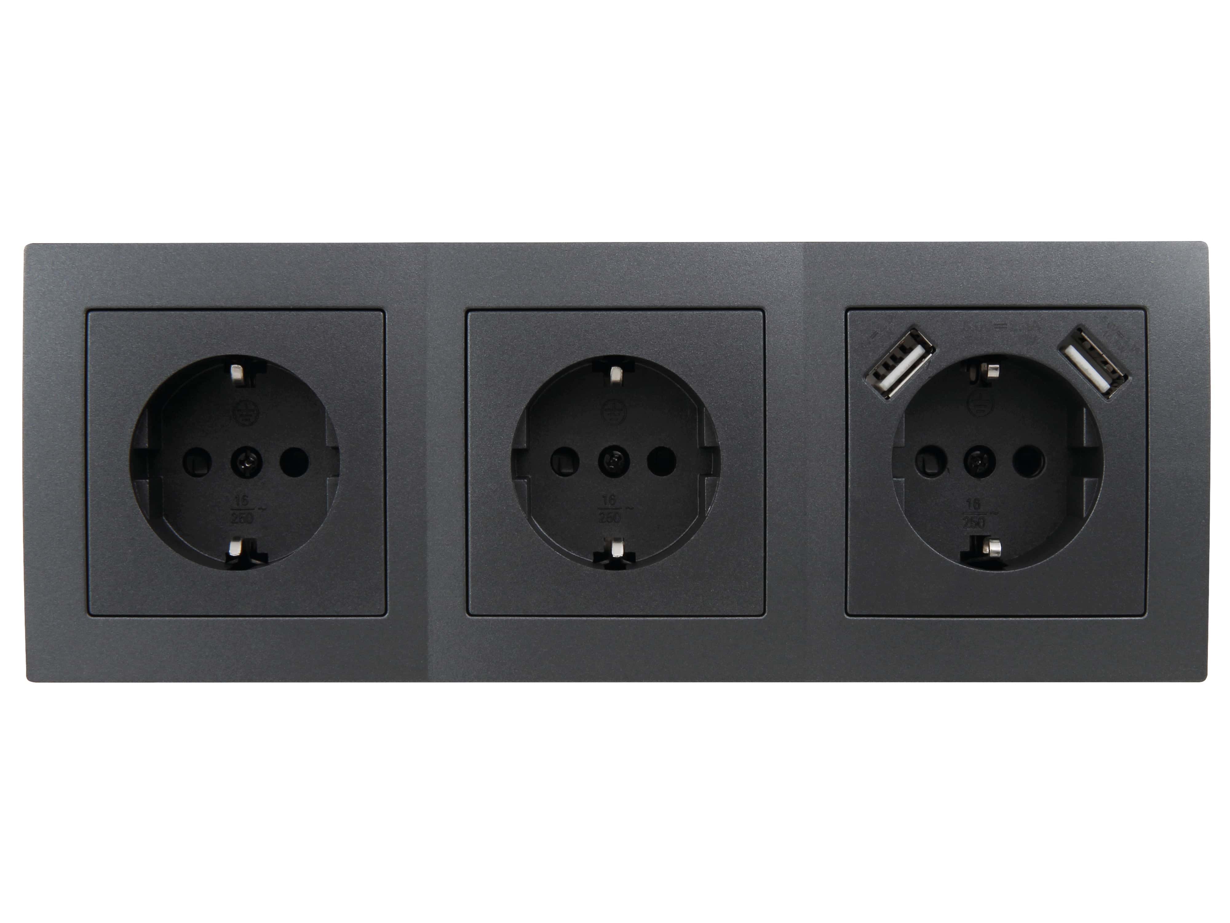 MCPOWER Steckdosenblock Flair, 3-fach, 2x USB-A, 16A/250V, anthrazit
