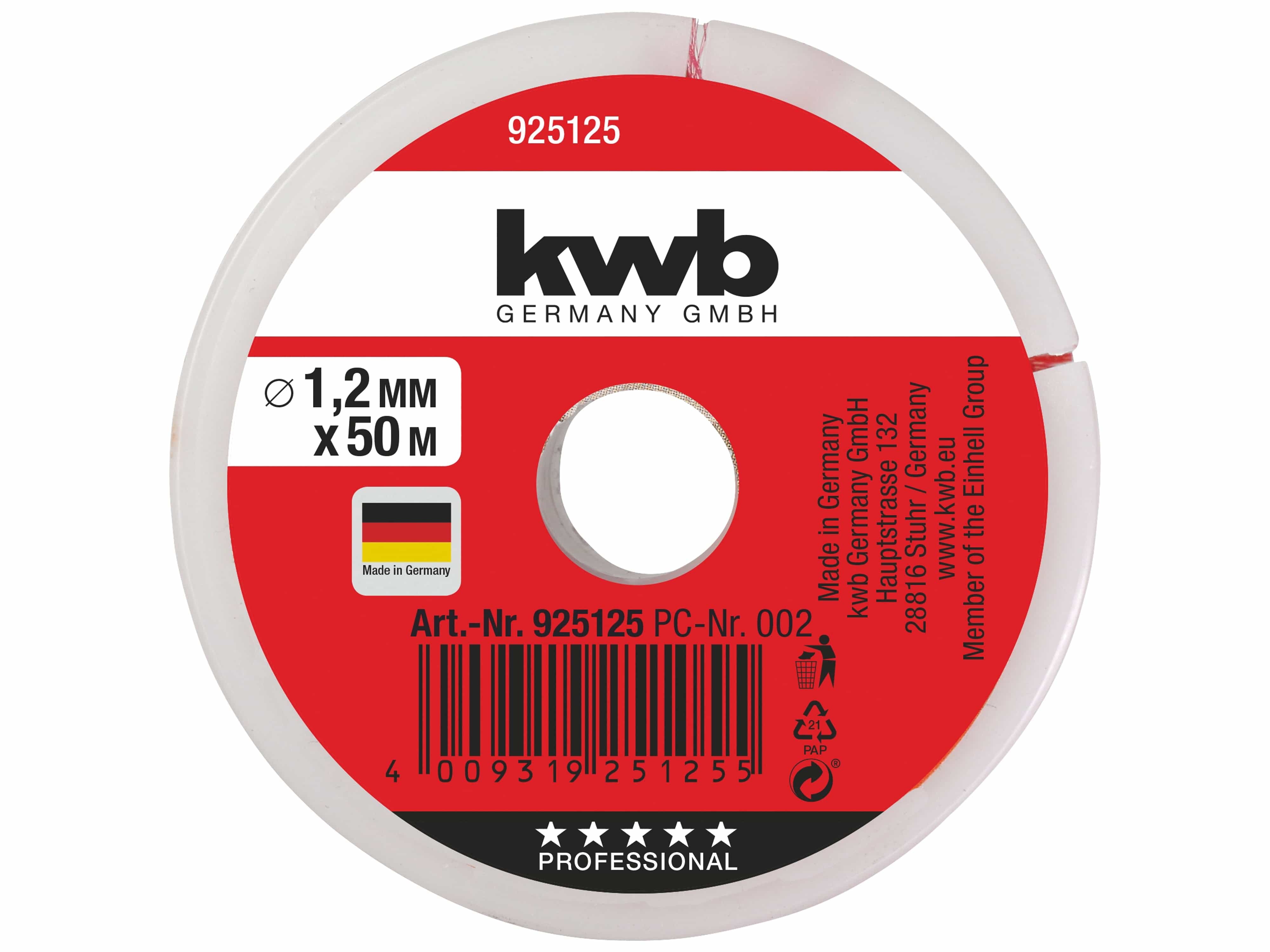 KWB Maurerschnur, 925125, 50 m, 1,2 mm, Nylon, rot