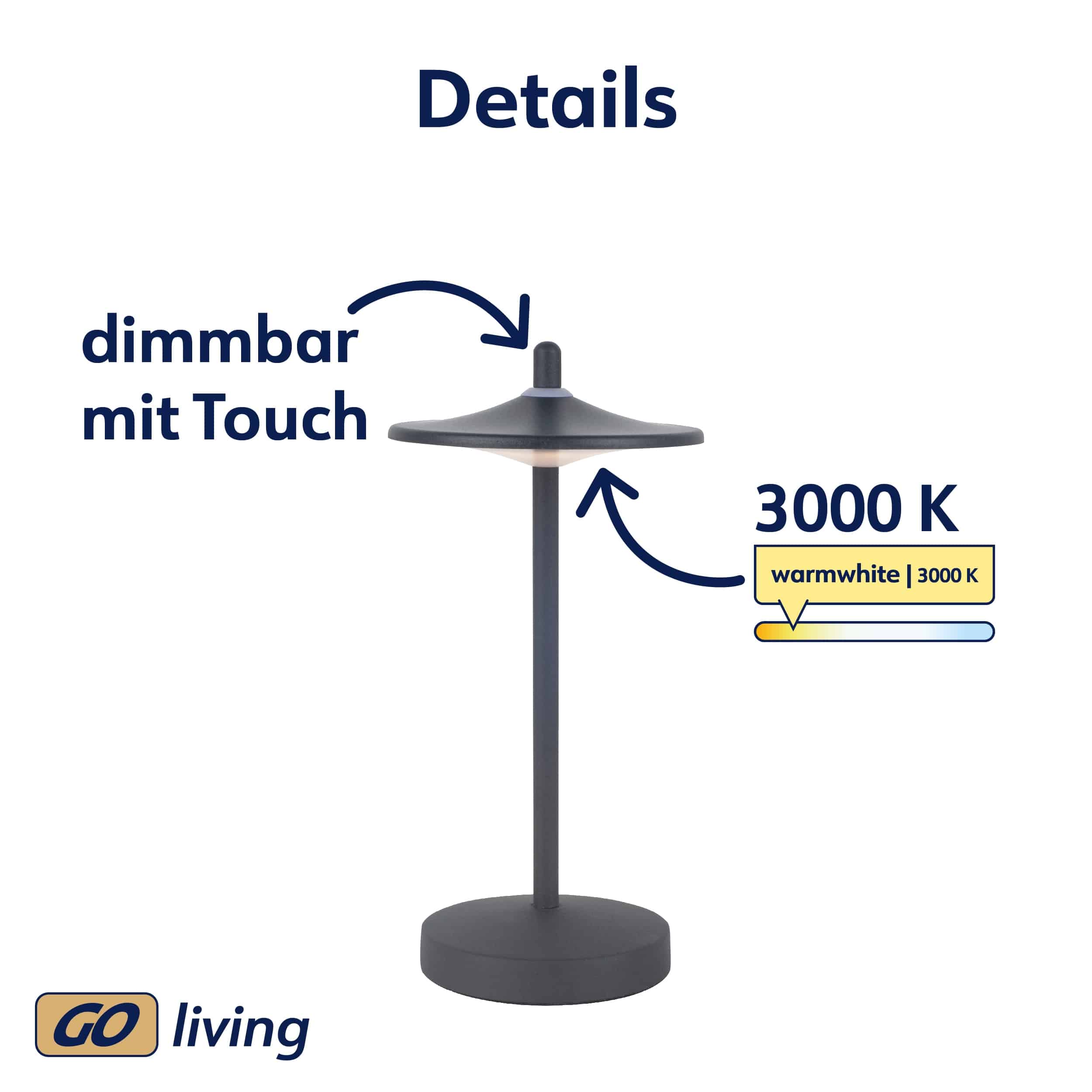 MÜLLER-LICHT LED-Akku-Tischleuchte 27700200, dimmbar, 3000K, warmweiß, schwarz