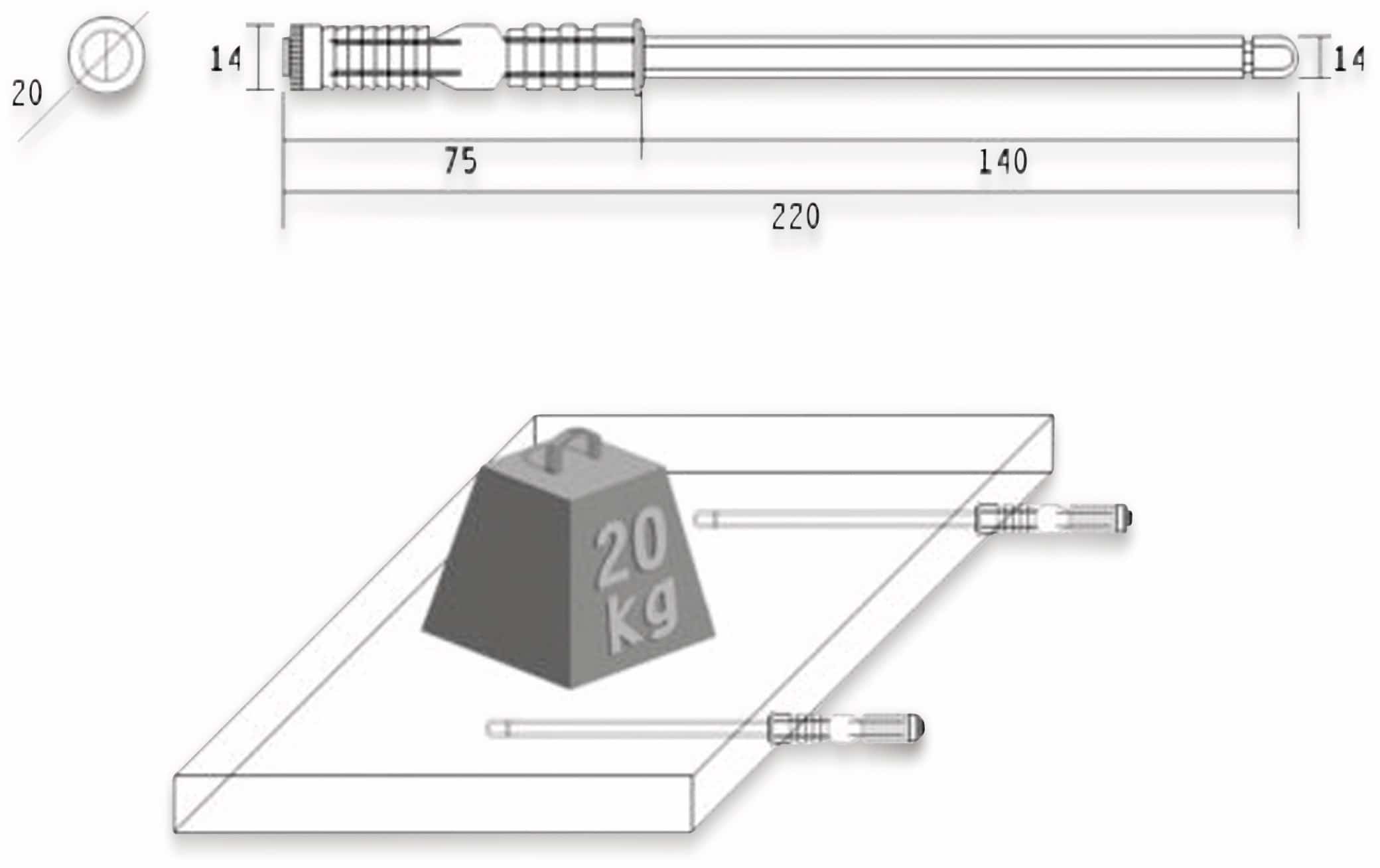 Regalbodenträger, Tablarträger, M14x140 mm