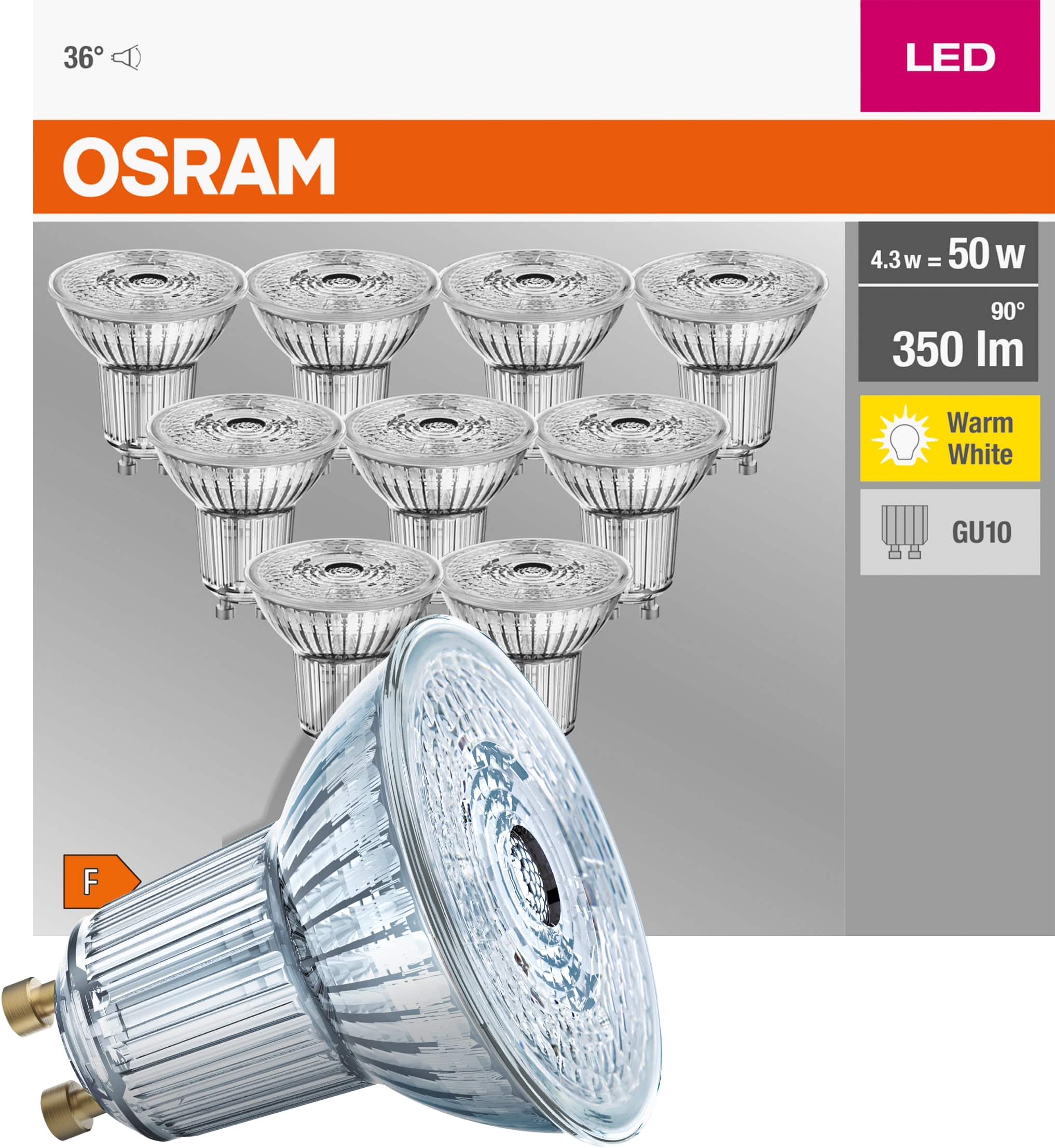 OSRAM LED-Lampe BASE CLASSIC, PAR51, GU10, EEK: F, 4,3 W, 350 lm, 2700 K, 10 Stück