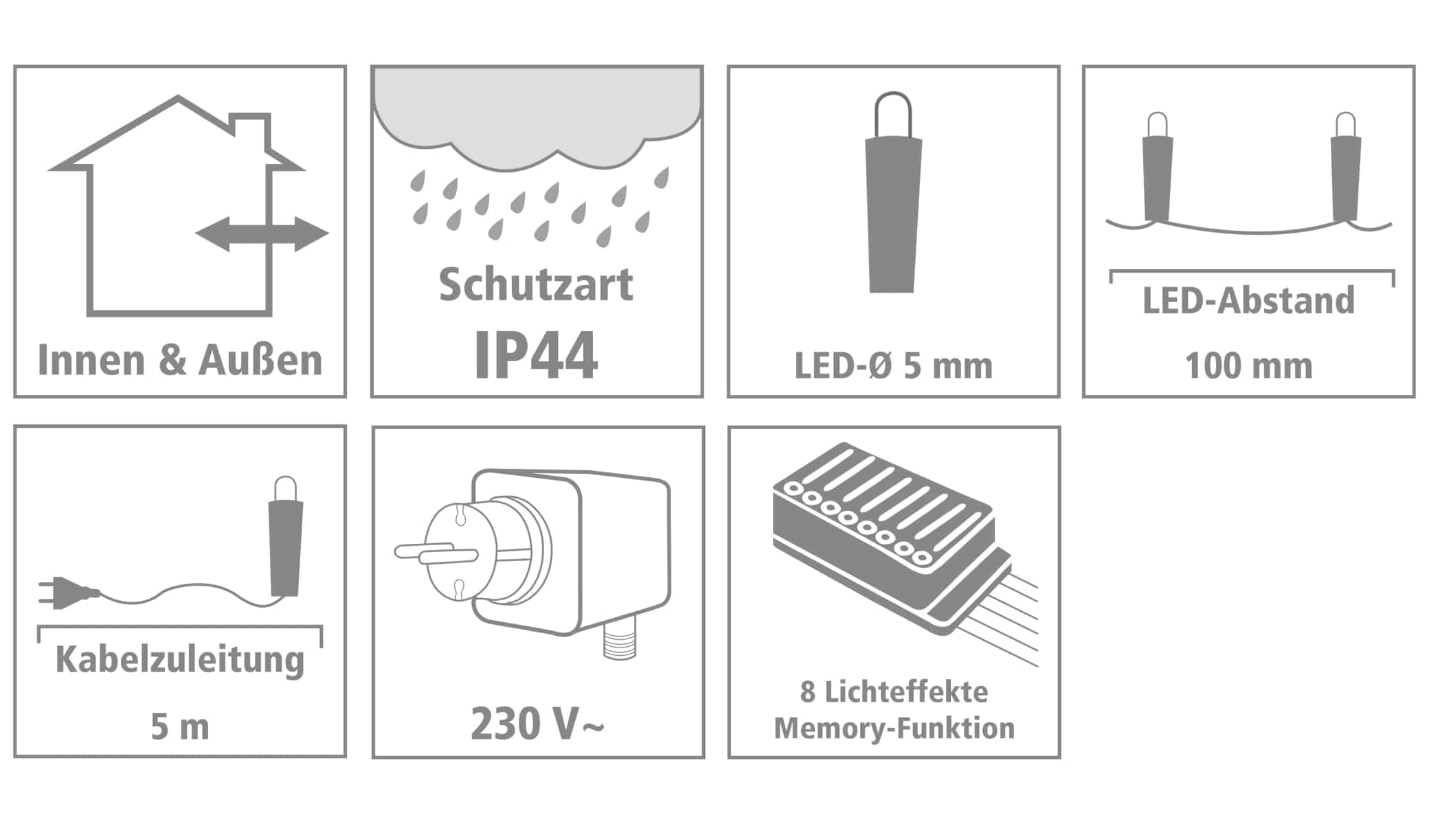 LED-Lichterkette, 240 LEDs, kaltweiß, 230V~, IP44, 8 Funktionen, Memory