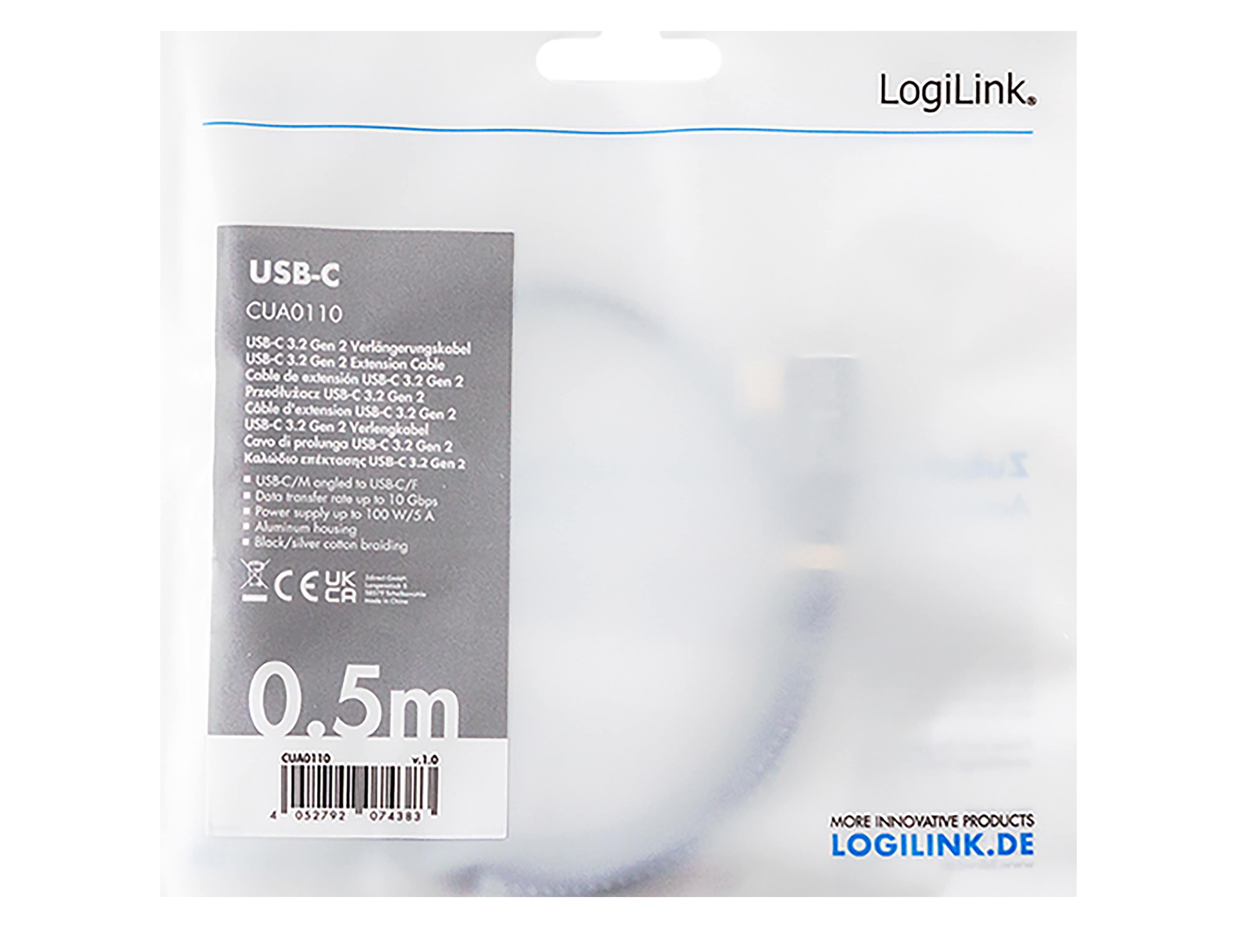 LOGILINK USB3.2 Kabel CUA0110 USB-C M 90°/USB-C F PD AV Alu 0,5m schwarz/grau