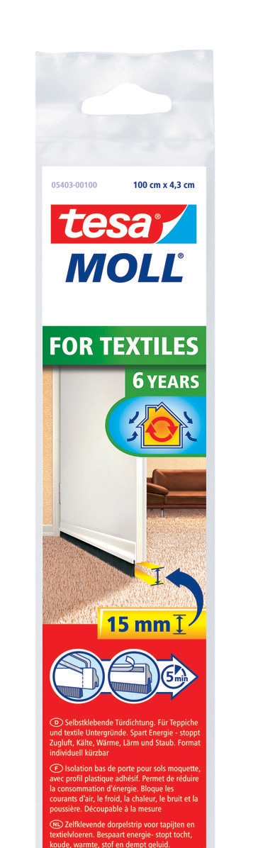 TESA tesamoll® STANDARD Türdichtschiene für Textilböden, 43 mm x 1 m, weiß