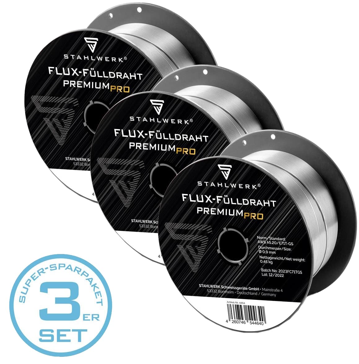 STAHLWERK MIG MAG Premium Flux-Fülldraht, 4627, E71T-GS, 0,9 mm, je 0,45 kg, 3er Set