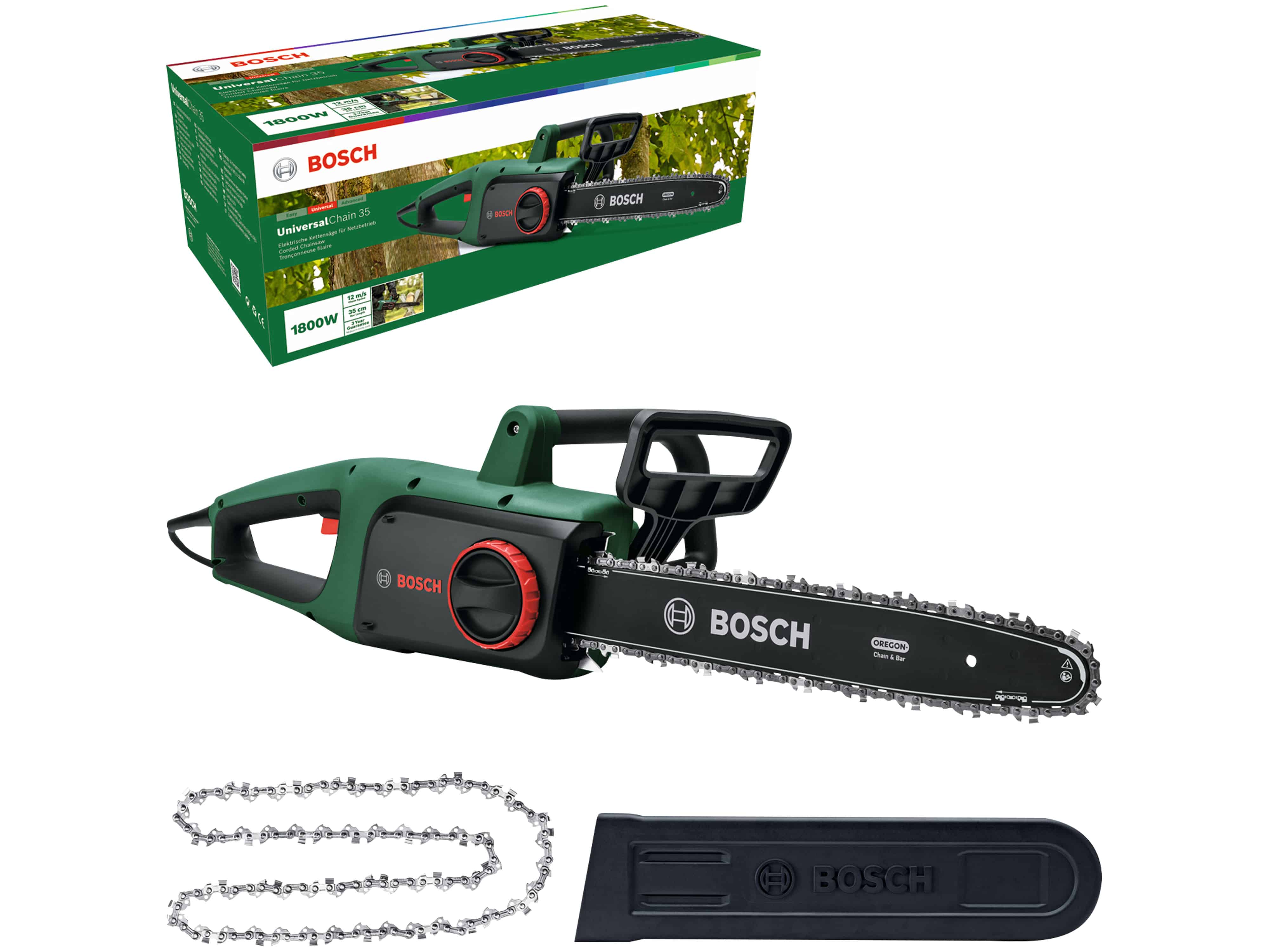 BOSCH Kettensäge UniversalChain 35, 06008B8304, mit 2 Sägeketten