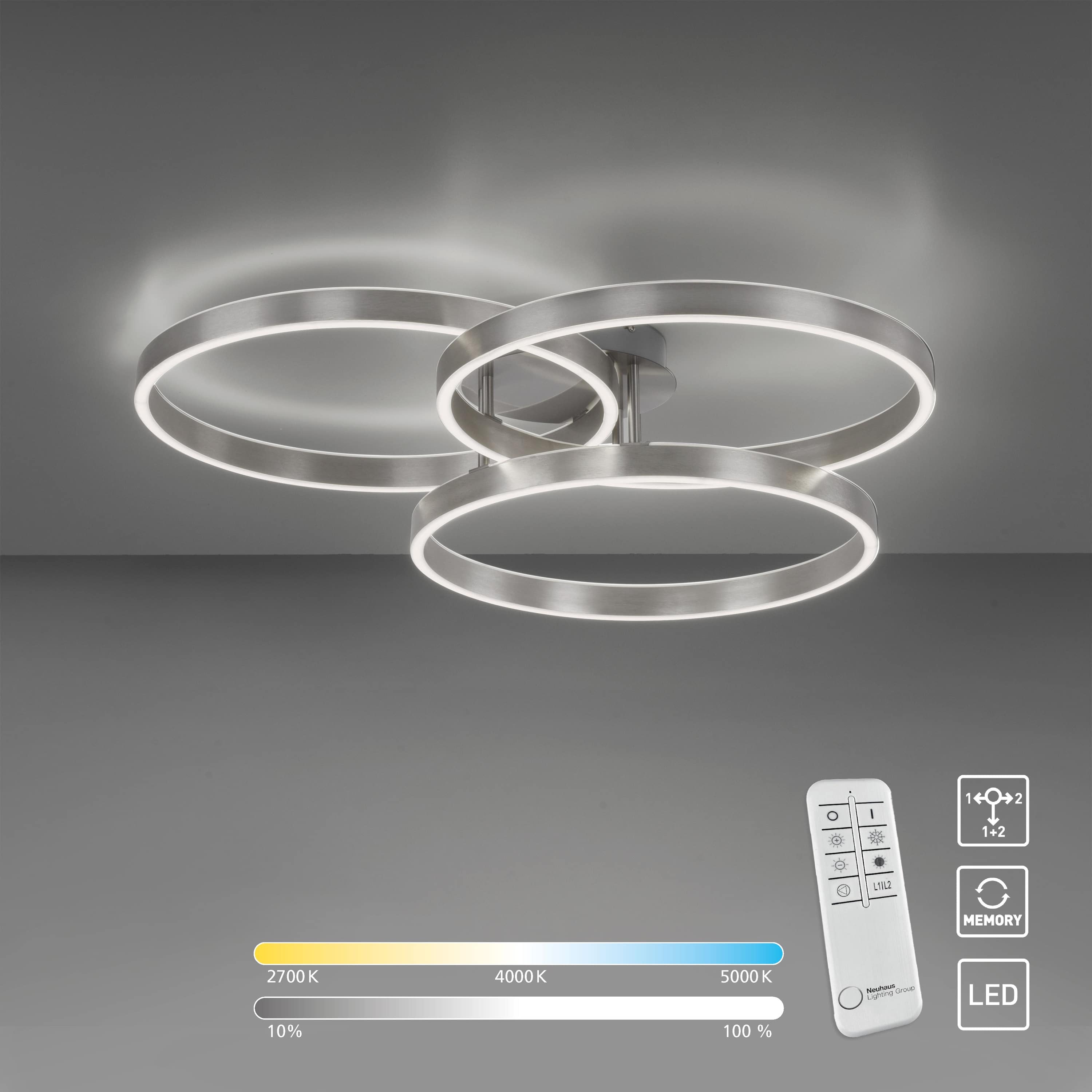 PAUL NEUHAUS LED-Deckenleuchte 6233-55 stahl, 48 W, 5000 lm, CCT