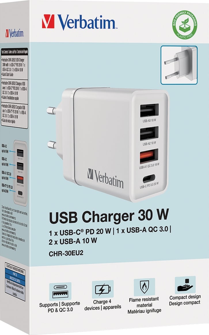 VERBATIM USB-Ladegerät 49701, 2x USB-A, 1x USB-A QC, 1x USB-C PD, weiß