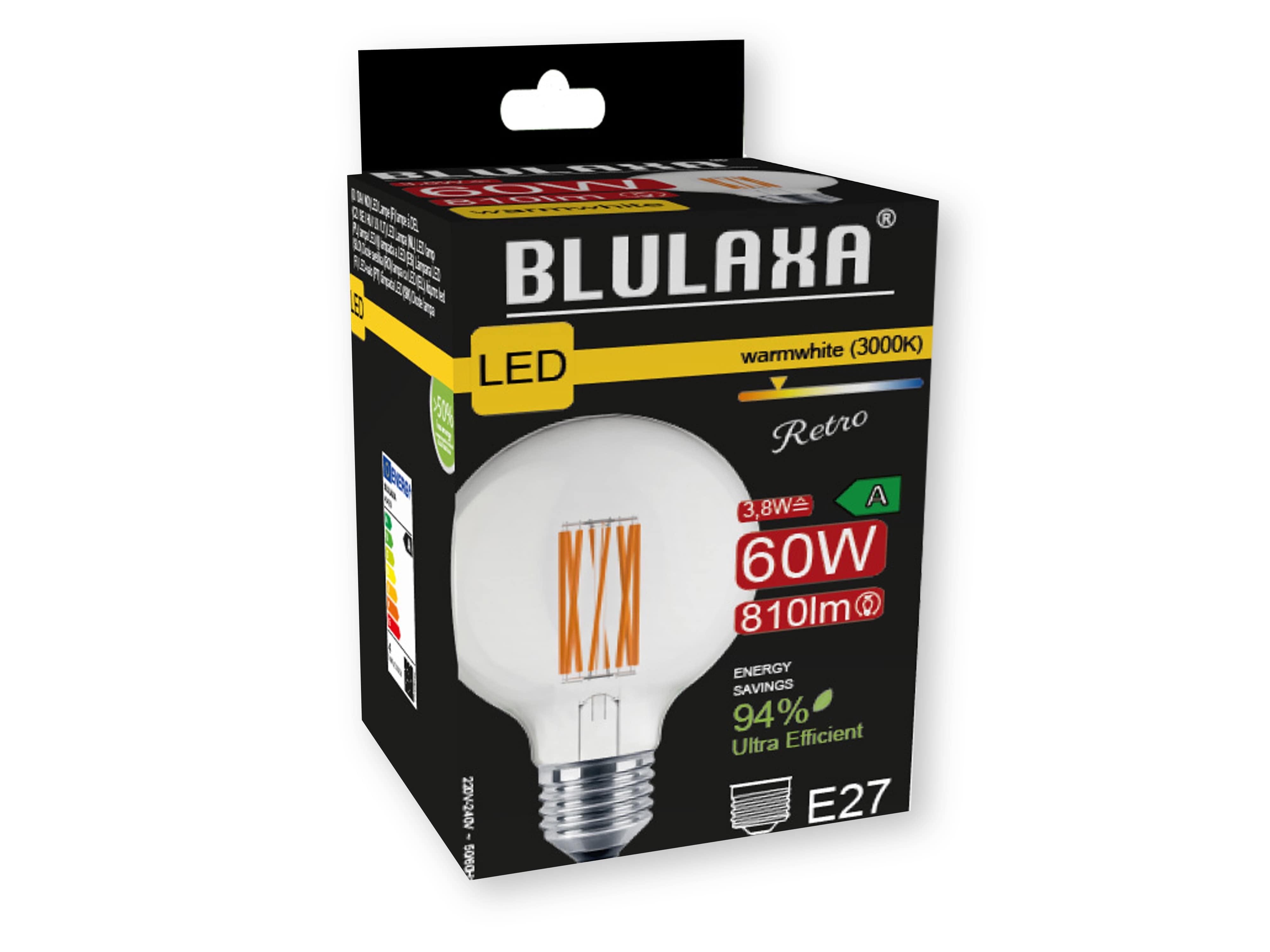 BLULAXA LED-Filament-Lampe, G95, E27, EEK: A, 3,8W, 810lm, 3000K