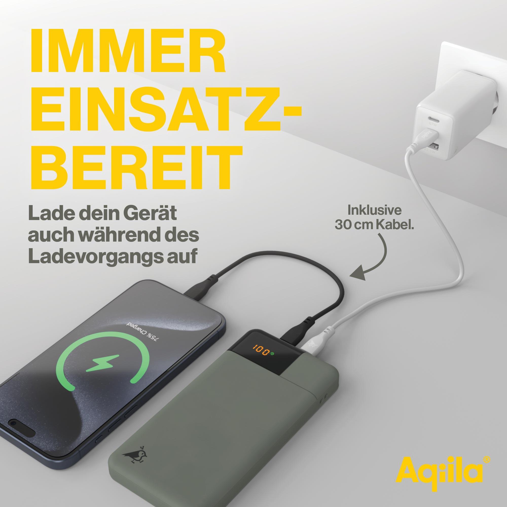 AQIILA Powerbank Powerbird B10, 20 W, 10.000mAh, 1x USB-A, 2x USB-C, moosgrün