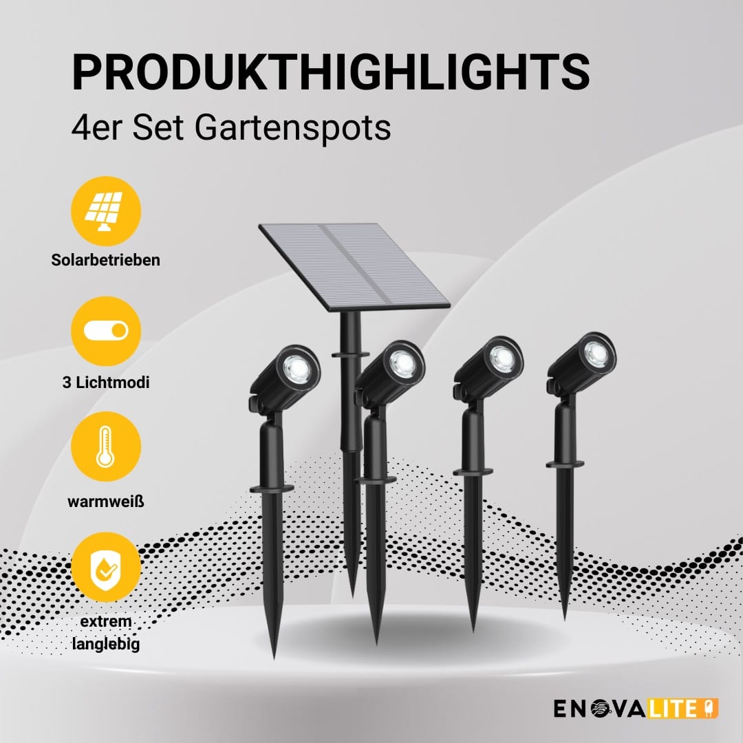 ENOVALITE Solar LED-Gartenstrahler, 4-Stück, 5 W, 90 Lm, 3-Lichtmodi