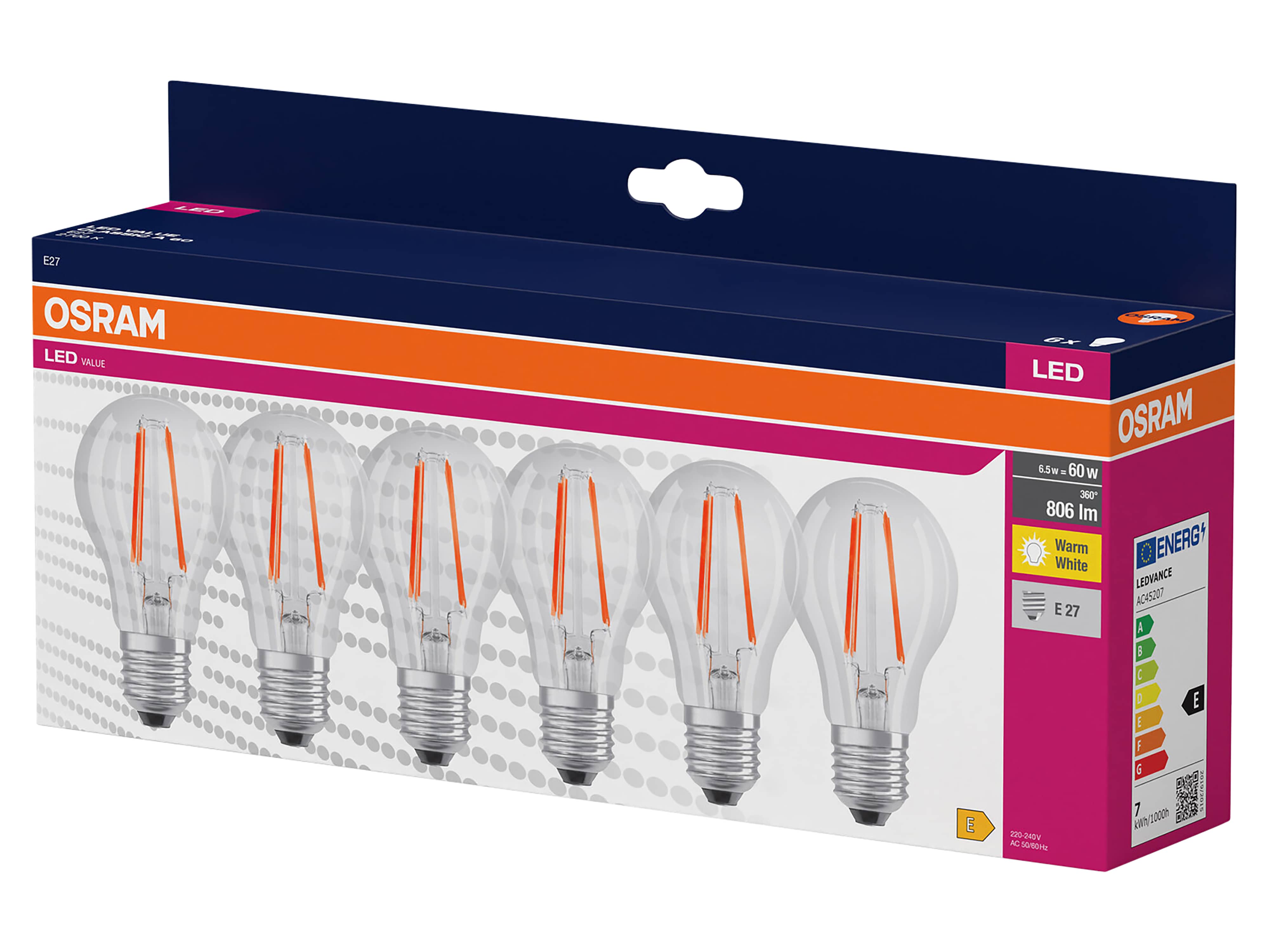 OSRAM LED-Lampe A60 klar, 6 Stück, E27, 6,5 W, 806 lm, 2700 K