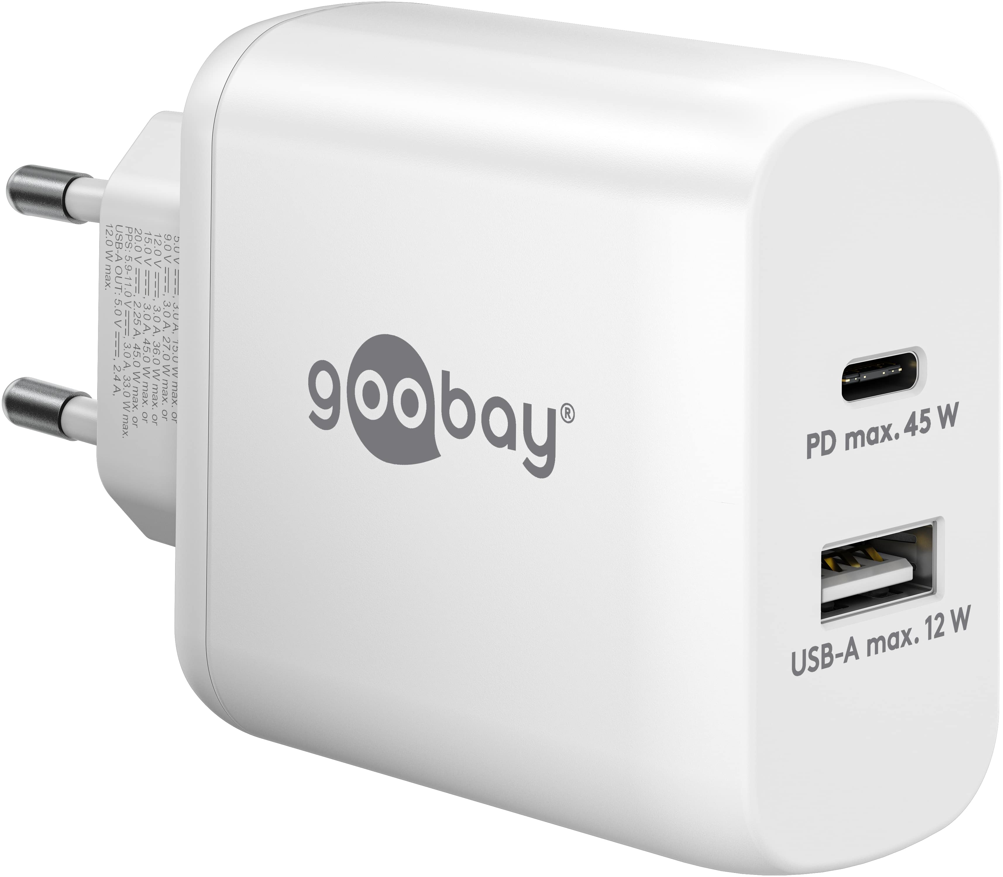 GOOBAY USB-Lader 65412, 45 W, 2-fach, 1xC PD, 1xA GaN, weiß