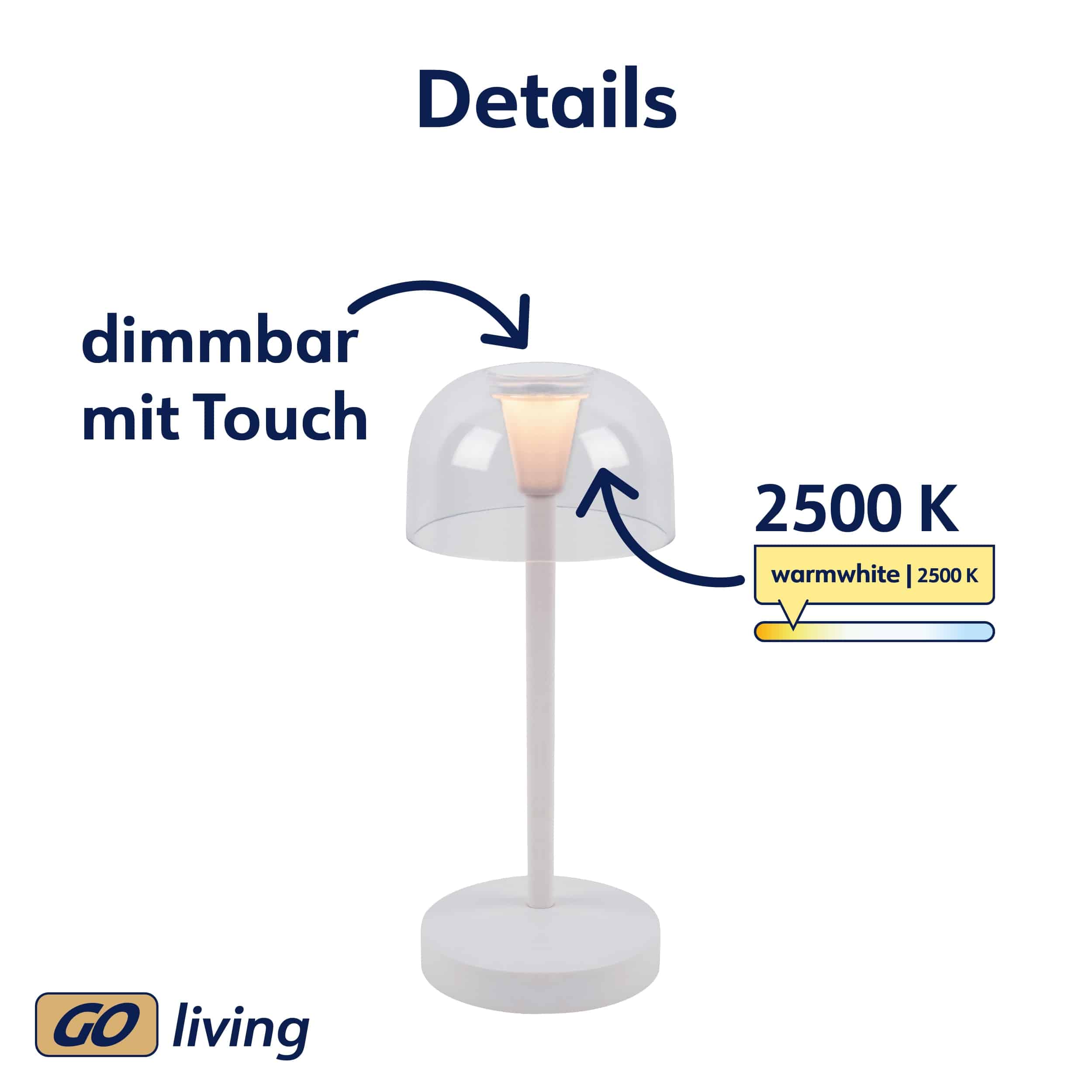 MÜLLER-LICHT LED-Akku-Tischleuchte 27700204, dimmbar, 2500K, warmweiß, weiß