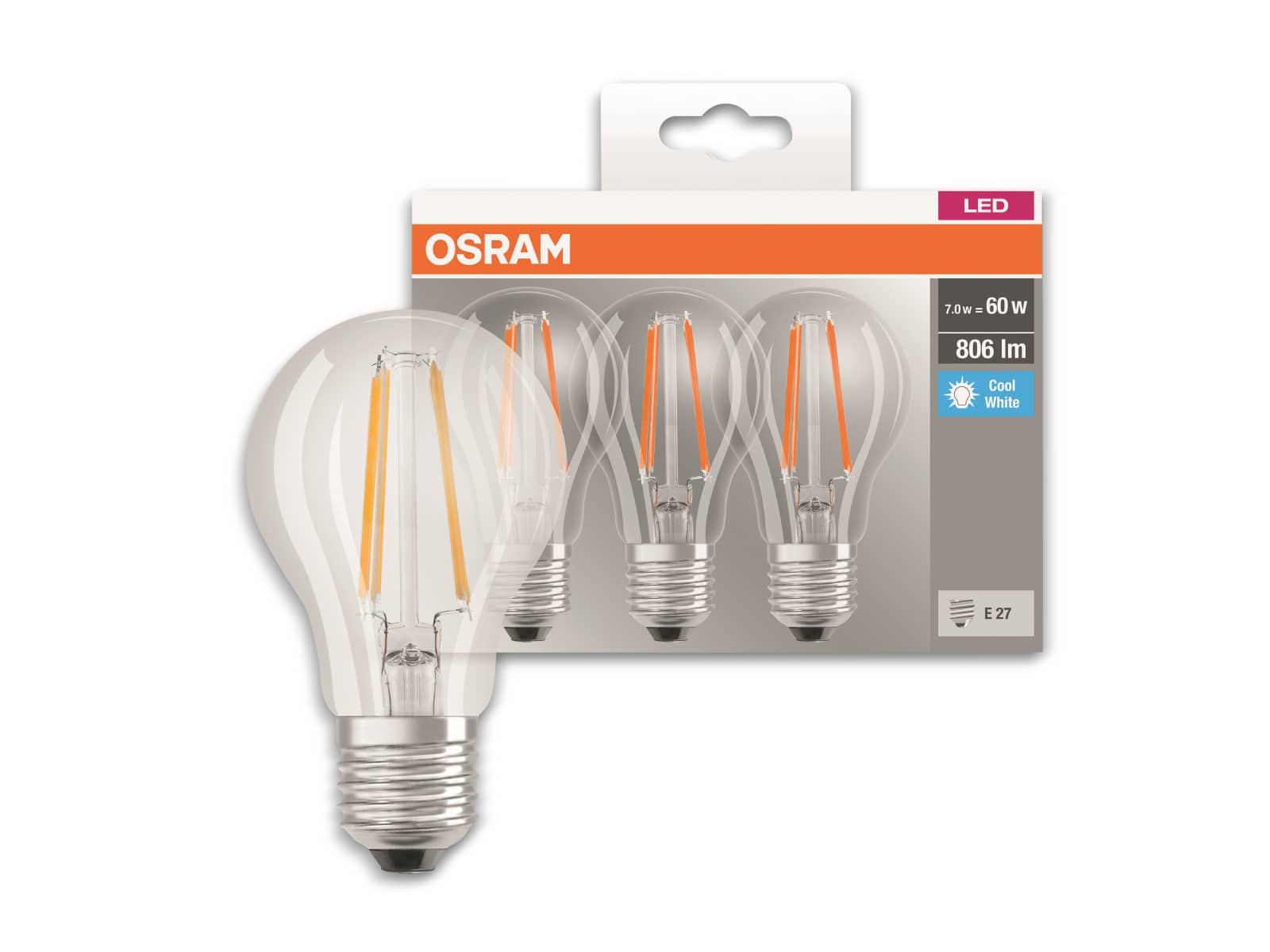 OSRAM LED-Lampe BASE CLASSIC A60, E27, EEK: E, 6,5 W, 806 lm, 4000 K, 3 Stück