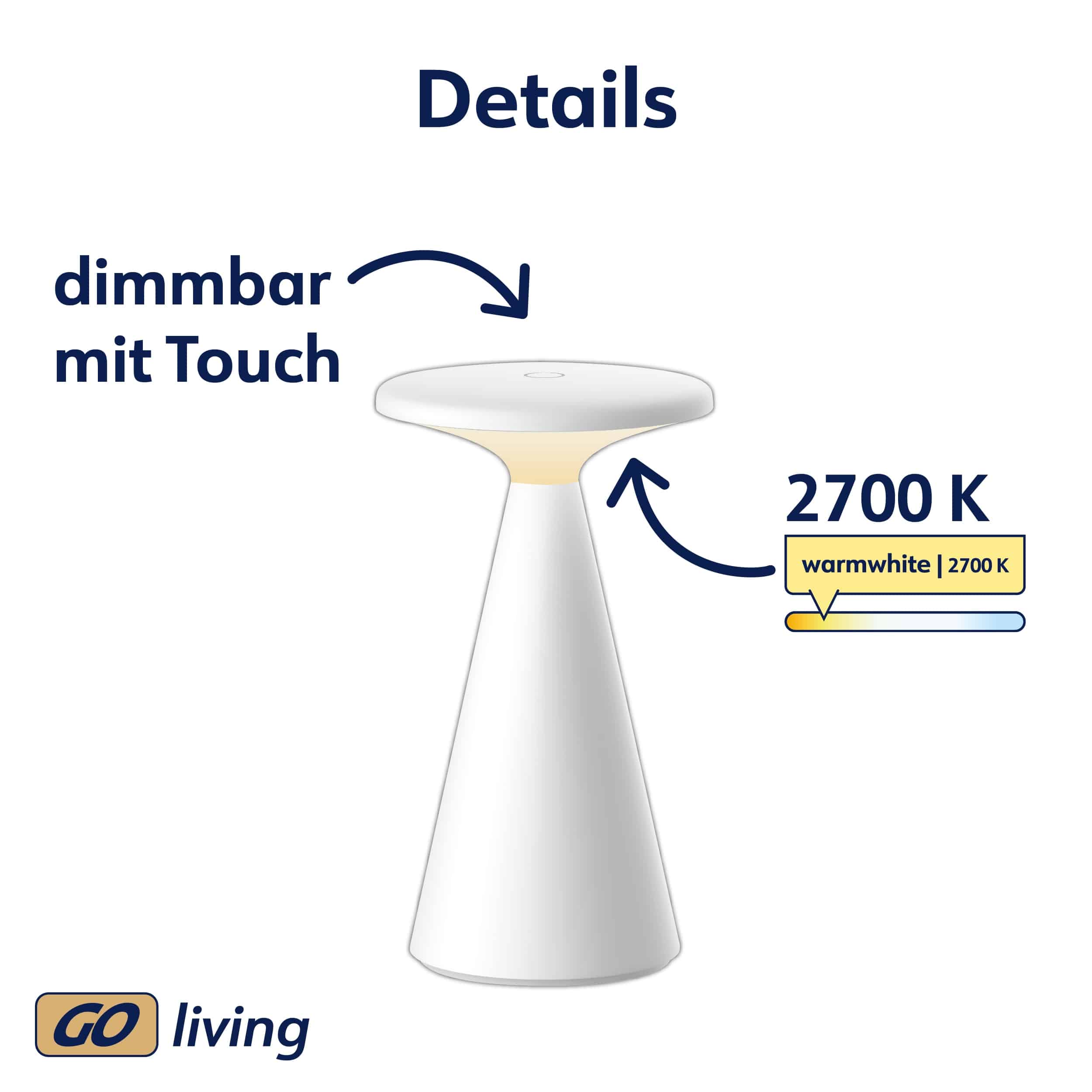 MÜLLER-LICHT LED-Akku-Tischleuchte 27700206, dimmbar, 2700K, warmweiß, weiß