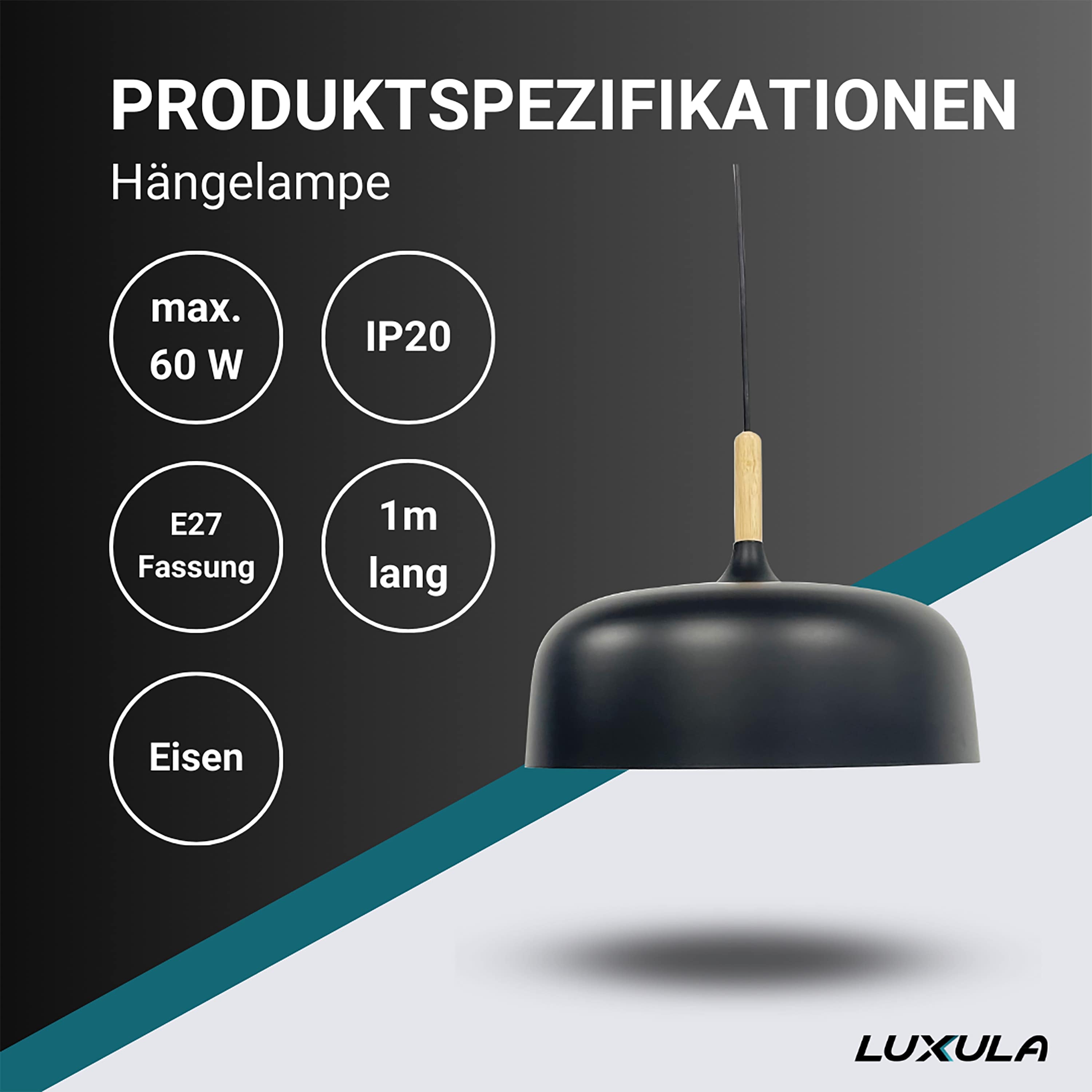 LUXULA LED-Hängeleuchte LX700174, E27-Fassung, IP20, Ø30 cm, schwarz, rund