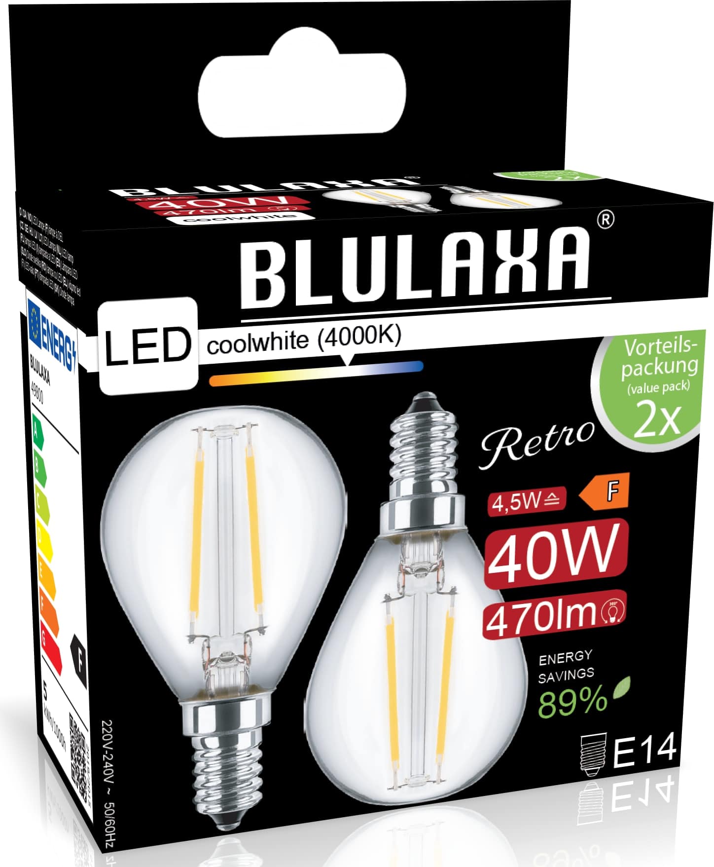 BLULAXA LED-Filament-Lampe, G45, EEK: F, E14, 4,5 W, 470 lm, 4000 K, 2 Stück