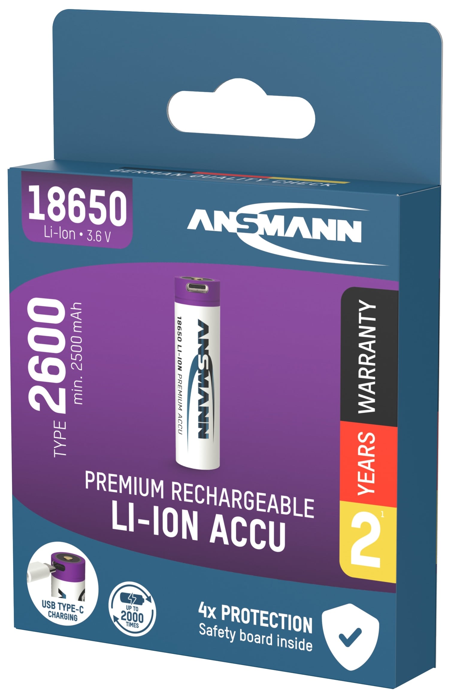 ANSMANN LiIon-Akku, 1307-0002, 18650, 3,6 V-, 2600mAh, mit USB-C Ladebuchse 