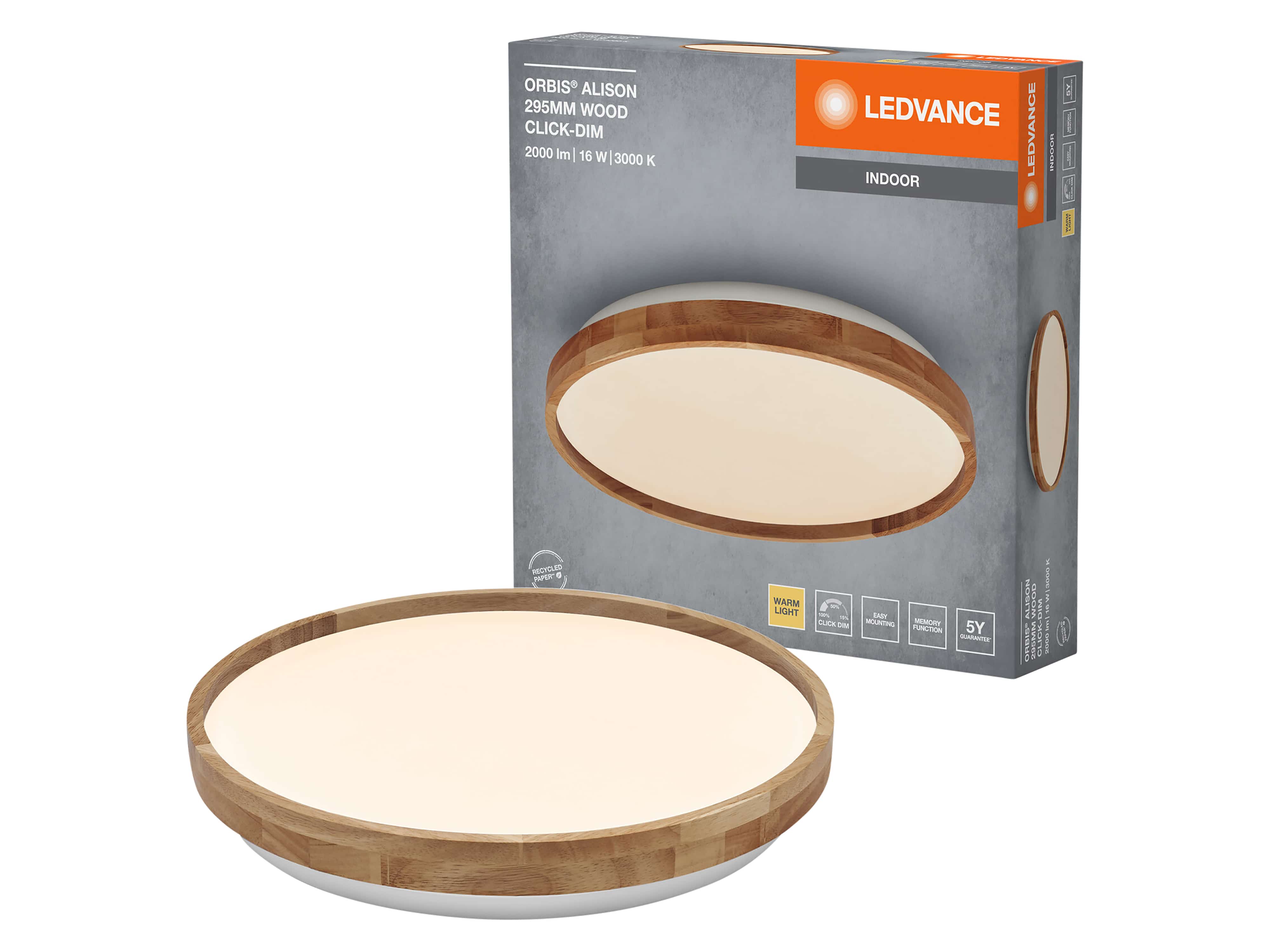 LEDVANCE LED-Deckenleuchte 4099854283567, mit Holzring, dimmbar, 3000K