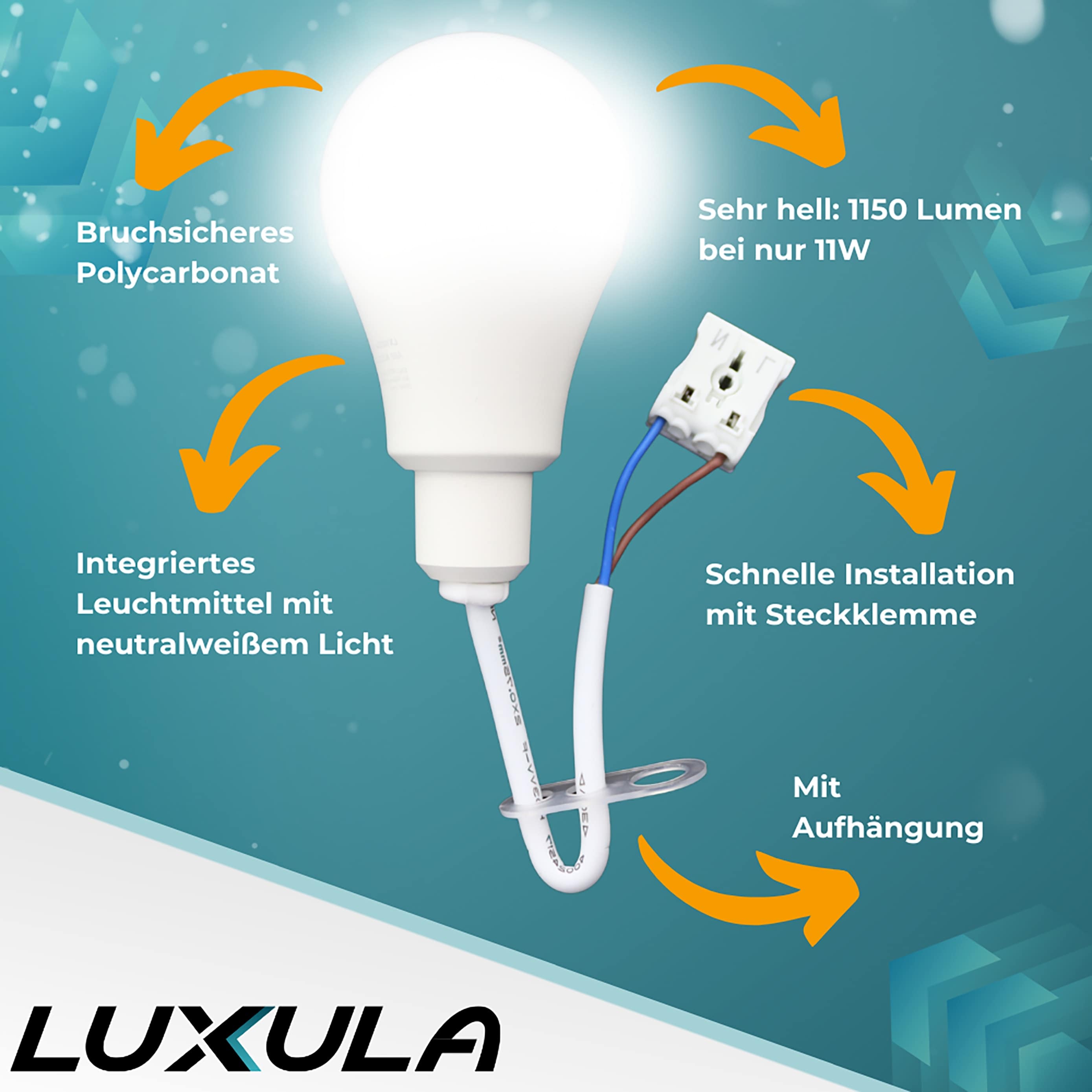 LUXULA LED Renovierungslampe LX100204, 11W, 1150lm, 4000K, mit Kabel und Klemme