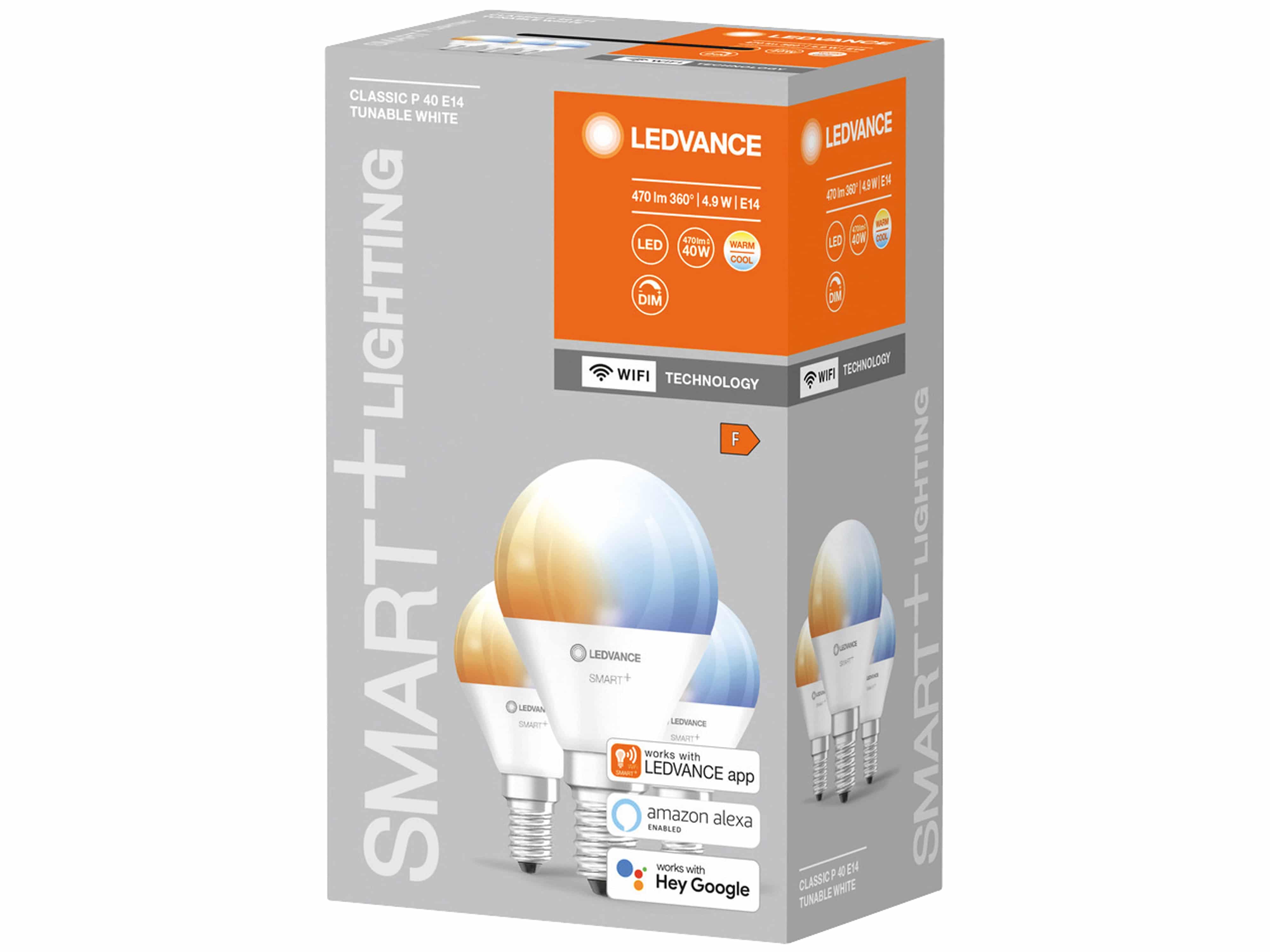 LEDVANCE LED-Lampe SMART+ WiFi Mini bulb, P46, E14, EEK: F, 4,9 W, 470 lm, 2700…6500 K, Smart, 3 St.