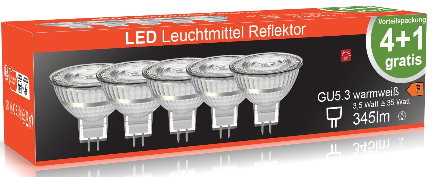 BLULAXA LED-SMD-Lampe, MR16, EEK: F, GU5.3, 3,5 W, 345 lm, 2700 K, 5 Stück