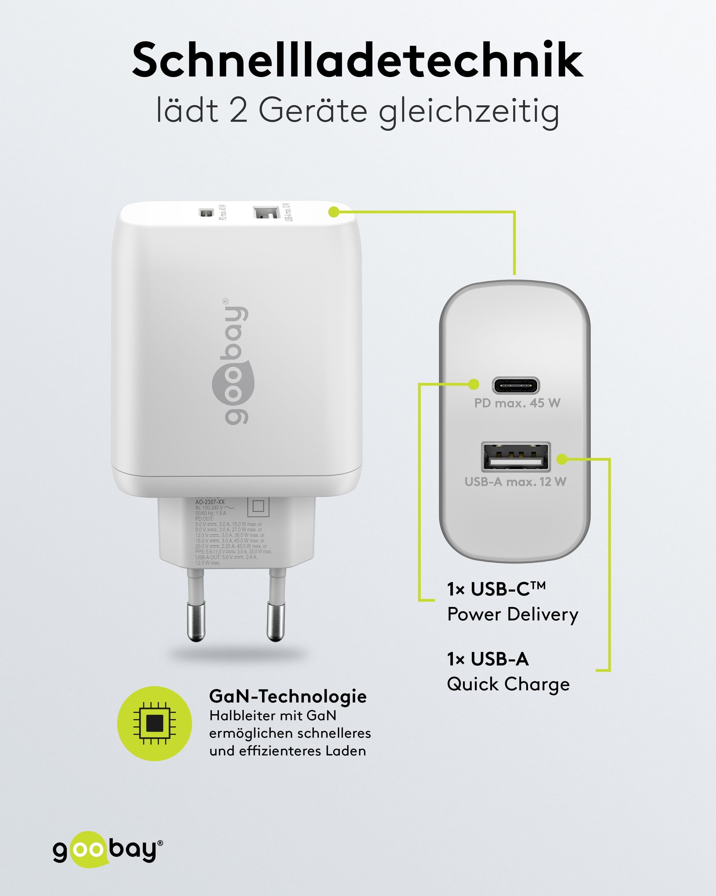 GOOBAY USB-Lader 65412, 45 W, 2-fach, 1xC PD, 1xA GaN, weiß